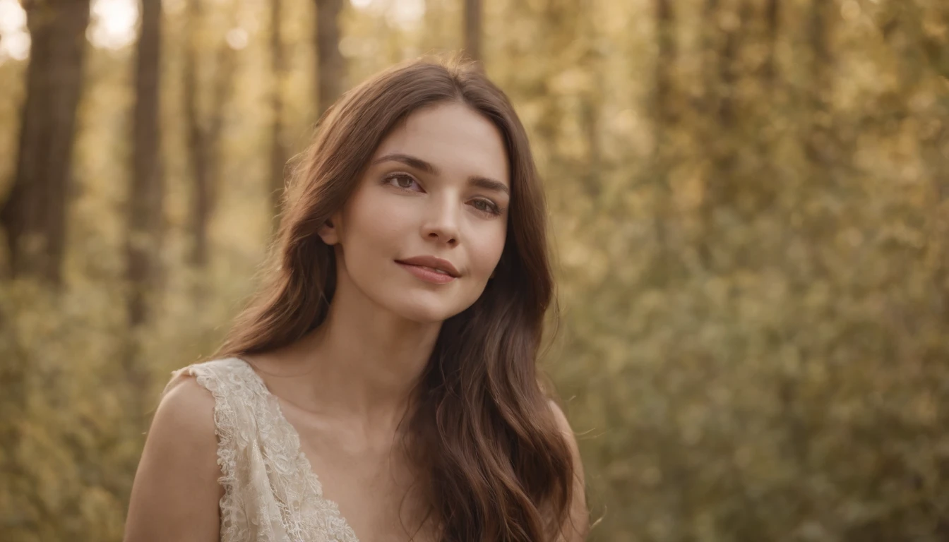 A woman with a thin face and an expression of joy with long, brown hair, junto com seu filho de 1 ano. The clothes are from the time of Christ