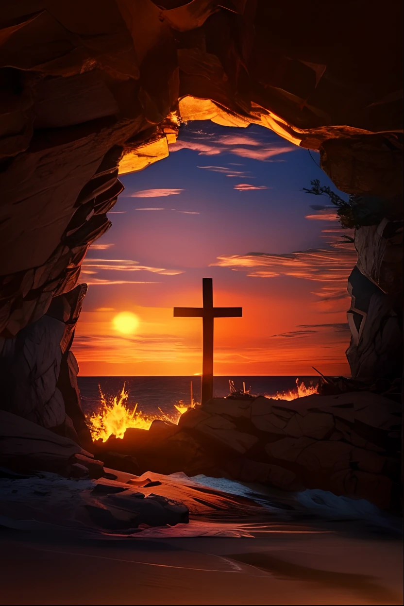 a close up of a cross in a cave with a sunset in the background, cross, religious, easter, shadow of the cross, cross composition, album photo, holy cross, christianity, holy light, christalized, the lord and savior, jesus christ, holy, jesus on cross, crucifix, jesus on the cross, crucifixion, light of god