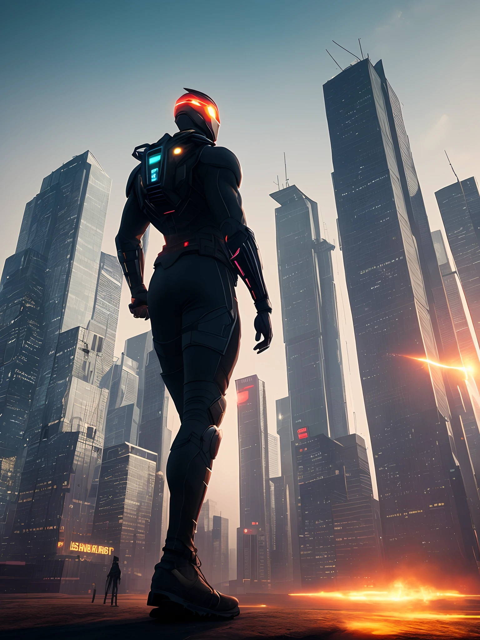 "Generate an image of a futuristic superhero character in a dark blue and black costume, with glowing neon accents around the helmet and suit. The costume has a metallic texture and high-tech touches. The character stands tall on top of a skyscraper in a futuristic metropolitan city at sunset, creating an impressive silhouette. The background of this megapolis city is full of towering buildings illuminated with bright neon lights. There's a hint of smoke and haze around, providing a mysterious ambiance. Add dramatic lighting effects emanating from the character's eyes and hands, indicating superpowers. The image resolution should be 4k for sharpness and detail."