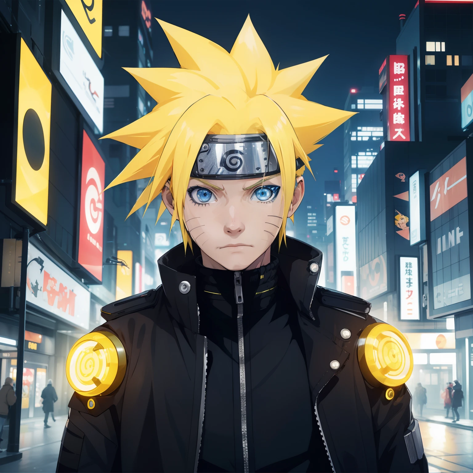 cyber punk, city, 1boy, yellow hair, blue eyes, cyborg, Uzumaki Naruto