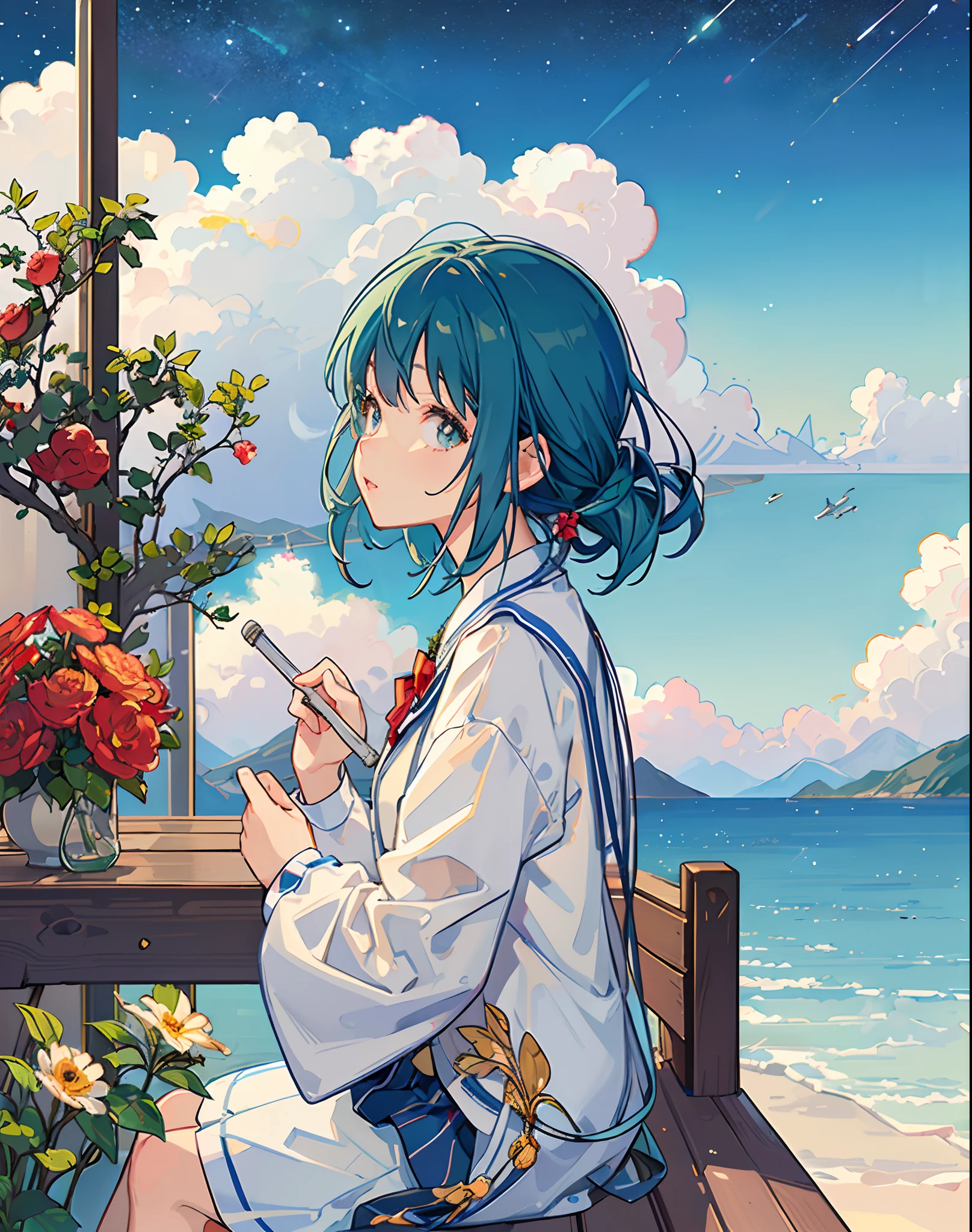 best quality, masterpiece, extremely detailed, detailed background, anime, 1girl, young girl, short girl, sci-fi, science fiction, outdoors, night, starry sky, greenhouse, megastructure, bio-dome, landscape, scenery, horizon, rooftop, sitting on rooftop, wind, looking away, atmospheric lighting, solo focus, close up, from side, depth of field, bokeh