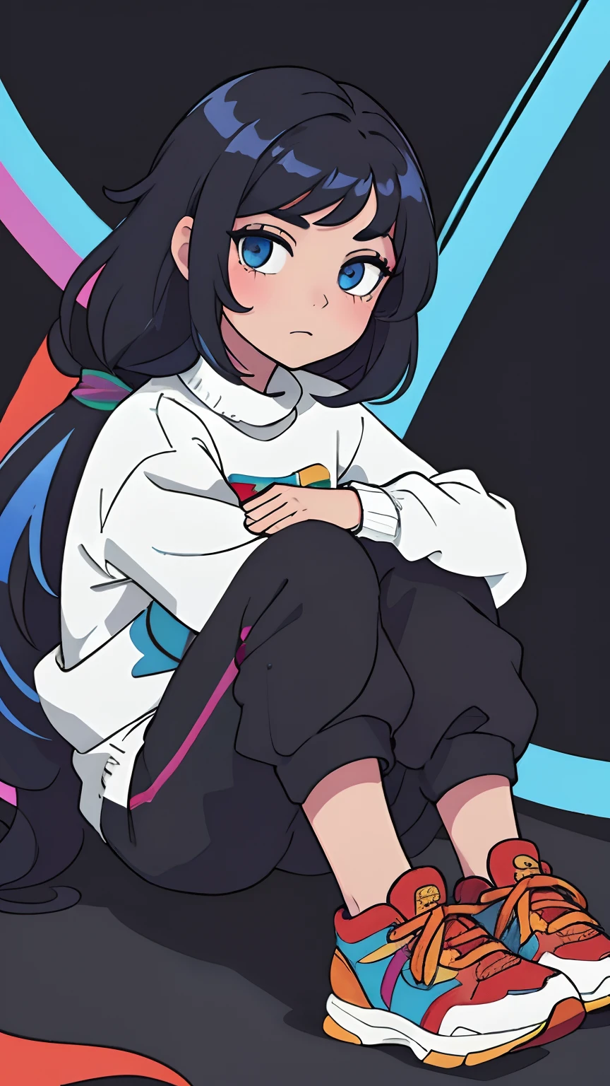 Chica de cabello de color rubio corto desordenado, revoltoso. You have blue eyes and wear a large black rainbow-colored sweater that reaches above the knees and red sneakers.