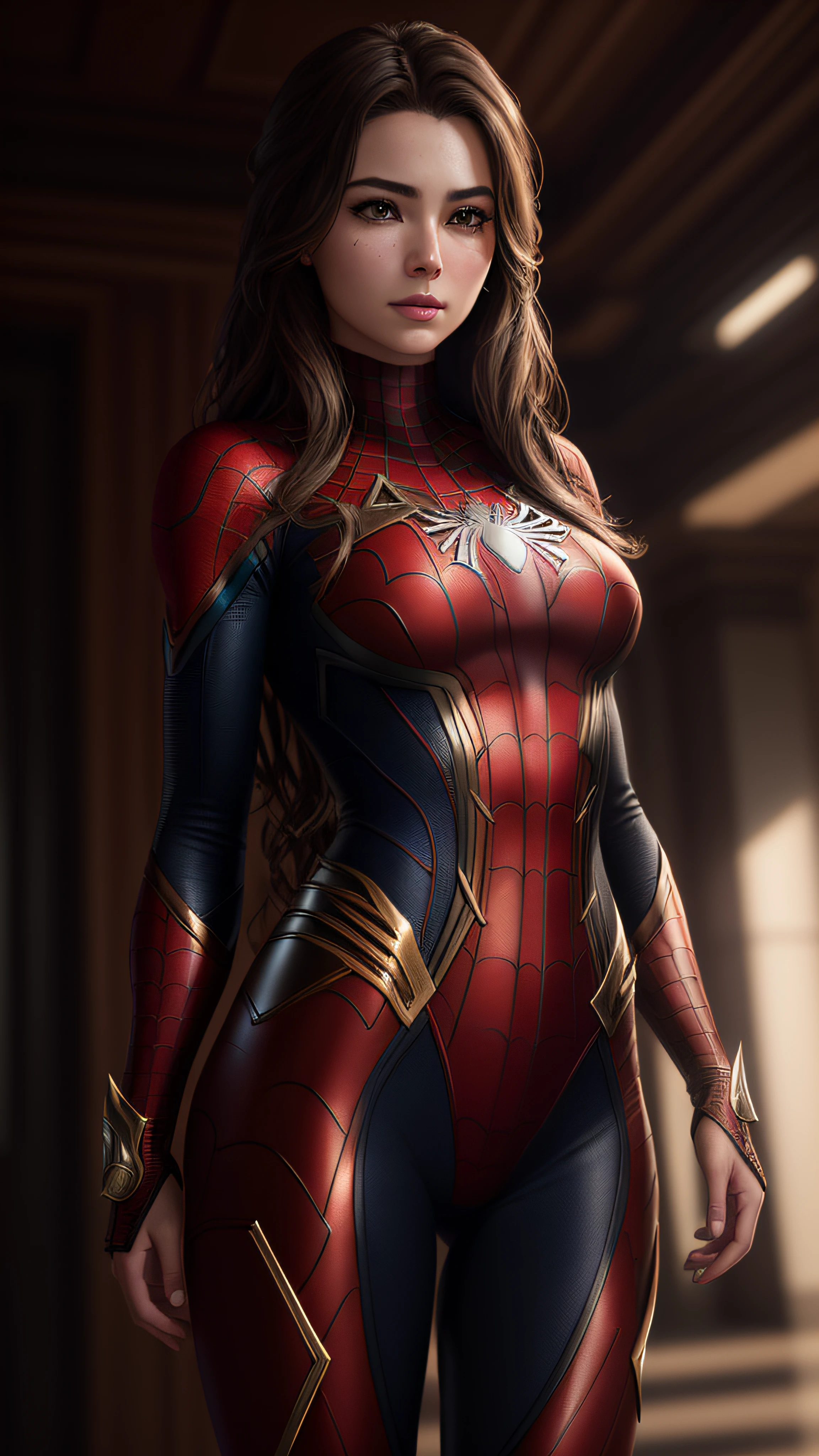 (RAW, analogue, Nikon Z 14mm ultra-wide angle lens, award-winning glamour photograph, ((best quality)), ((masterpiece)), ((realistic)), skin pores, subsurface scattering, radiant light rays, high-res, detailed facial features, high detail, sharp focus, smooth, aesthetic, extremely detailed, (extremely detailed eyes, extremely detailed iris), extremely detailed hair, extremely detailed skin, extremely detailed clothes, octane render, photorealistic, realistic, post-processing, max detail, realistic shadows, roughness, natural skin texture, real life, ultra-realistic, photorealism, photography, 8k UHD, photography, hdr, intricate, elegant, highly detailed, sharp focus, stunning, beautiful, gorgeous), Detailed realistic beautiful female 18 year-old girl as Spiderman from Marvel, makeup, full body visible, brown hair, realistic skin, photorealistic, athletic body, realistic, cinematic shot, (extremely detailed CG unity 8k wallpaper), trending on ArtStation, trending on CGSociety, High Detail, Sharp focus, dramatic, beautiful background, full shoot, high quality, (beautiful face), (detailed face), detailed hands, beautiful hands