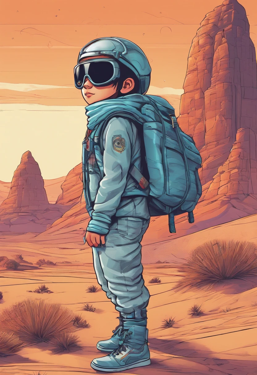 character with steam punk glasses,cachecol blusa de moletom preto,Skyne pants and sneakers with a backpack in hand. Walking in the desert at night in the sky an alien ship