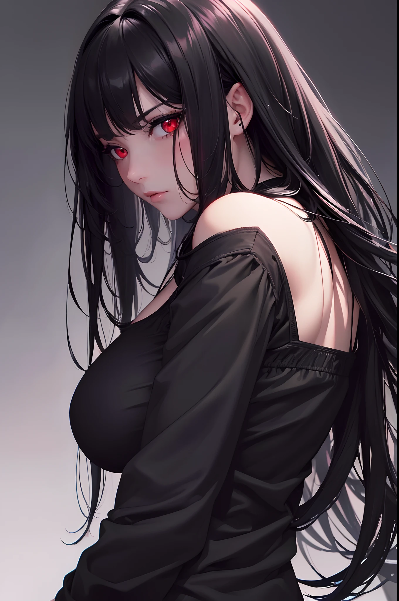(best quality, highres, realistic:1.37),ultra-detailed,long black hair,red eyes,beautiful red eyes,serious expression,casual black clothes,large breasts,detailed face and features,vivid colors,dark atmosphere,soft lighting,beautiful girl,modern style