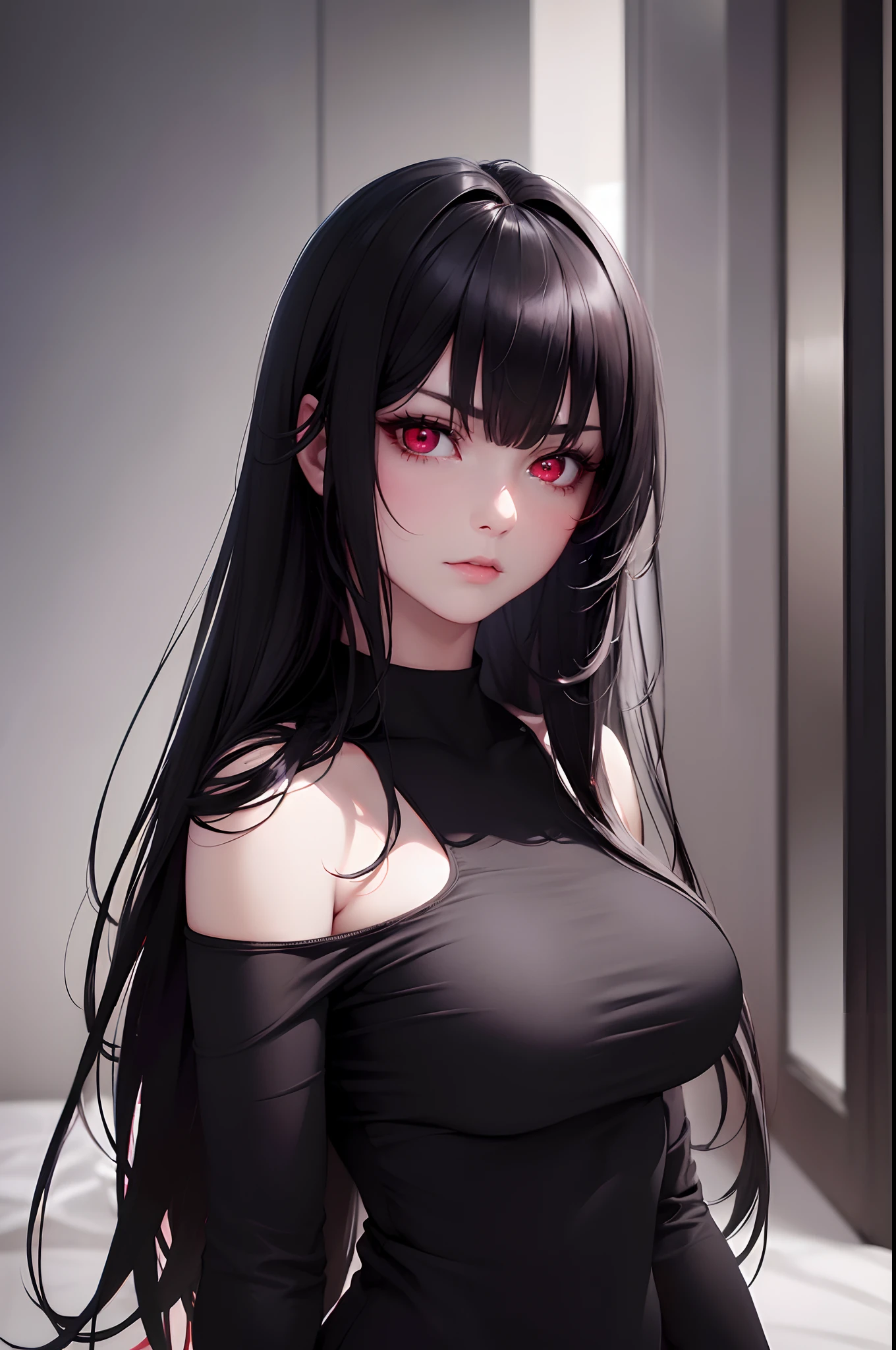 (best quality, highres, realistic:1.37),ultra-detailed,long black hair,red eyes,beautiful red eyes,serious expression,casual black clothes,large breasts,detailed face and features,vivid colors,dark atmosphere,soft lighting,beautiful girl,modern style