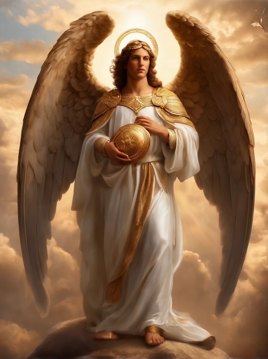 um personagem masculino, o anjo Aroch, imagem do corpo todo do anjo, imagem celestial, detalhes intricados, realista, asas ROSAS e grandes, fundo angelical, Catholic illustrative image of the Angel Aroch, Male character of the Bible, Angel Aroch is wearing his angelic armor, cosmic background, Illumination in the Archangel and in the background, Maximum detail and his angelic face and wings, pele perfeita realista, Maximum image quality, Angel Aroch ele esta destacado na imagem com cores fortes e chamativas.
