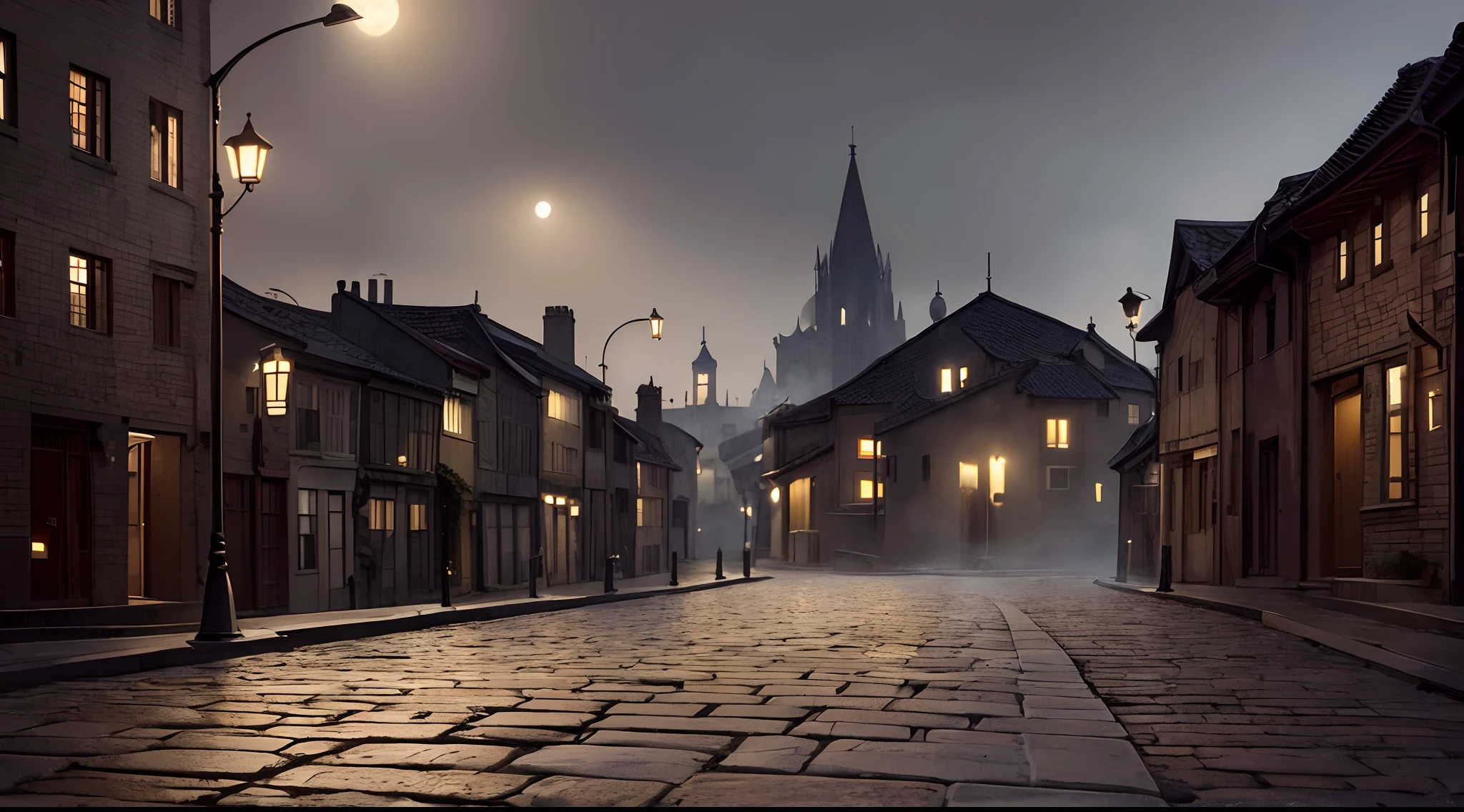 Dark empty street, dim ancient lanterns, stone pavement, rough brick black buildings, A dim whitish ghost glides above the ground along the street, gloomy atmosphere, the night, mist, Cold dim moon, Minimum vegetation, artstyle, Elaborate details, Grain