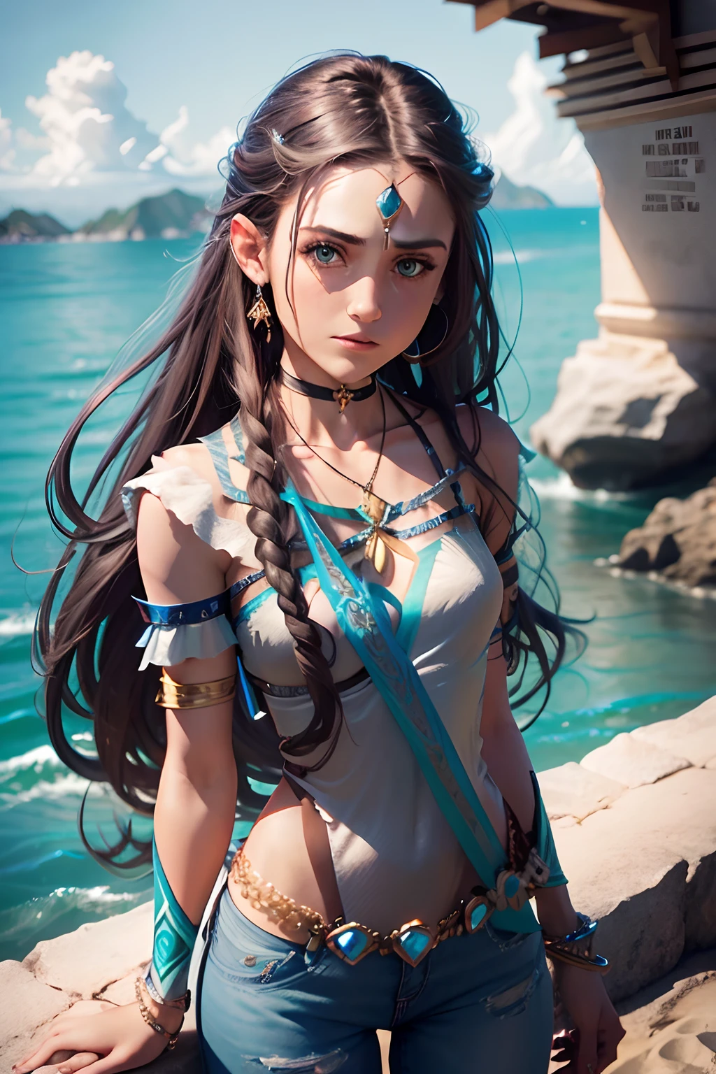 (adventurous woman), (long brown hair), (gem in hair), (blue sword in hand), (chocker necklace with blue sea green pearl amulet), (pink top), (jeans), (blue eyes), (cool bracelets), (medium:2.8)(best quality,4k,8k,highres,masterpiece:1.2), ultra-detailed, (realistic,photorealistic,photo-realistic:1.37), (HDR), (physically-based rendering), (professional), (vivid colors), (portrait), (outdoor lighting), (breath-taking view), (adventurous spirit), (energetic pose), (dynamic composition), (glimmering hair), (exquisite details), (captivating charm), (natural beauty), (sparkling gem), (dazzling sword), (fashionable attire), (stylish accessories), (eye-catching jewelry), (harmonious color palette), (inviting aura), (fearless warrior), (serene backdrop), (picture-perfect setting), (intricate patterns), (lively atmosphere)