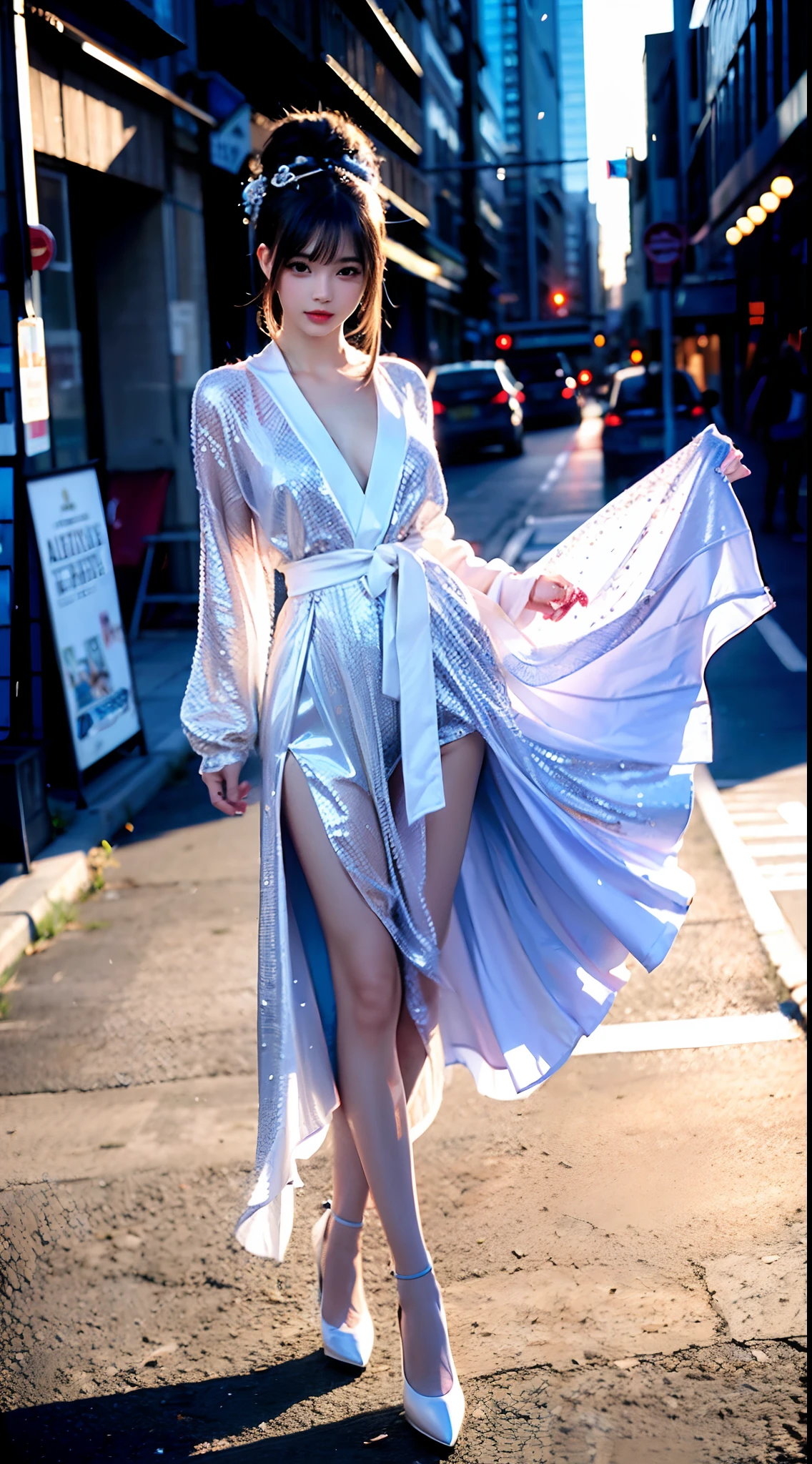 (Best quality,4K,8K,A high resolution,Masterpiece:1.2),Ultra-detailed,(Realistic,Photorealistic,photo-realistic:1.37),Long-range shooting,Blue-haired woman,Hair falls on the left shoulder,Wears a white trench coat lined in red, blackminiskirt,Patterned stockings,High heels,Walking on the street,Portrait,conceptual art,Blurred background,Soft lighting,Vivid tones