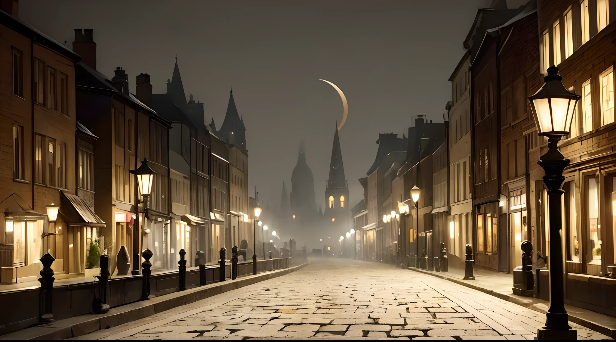 Dark empty street, dim ancient lanterns, stone pavement, rough brick black buildings, A dim whitish ghost glides above the ground along the street, gloomy atmosphere, the night, mist, Cold dim moon, Minimum vegetation, artstyle, Elaborate details, Grain
