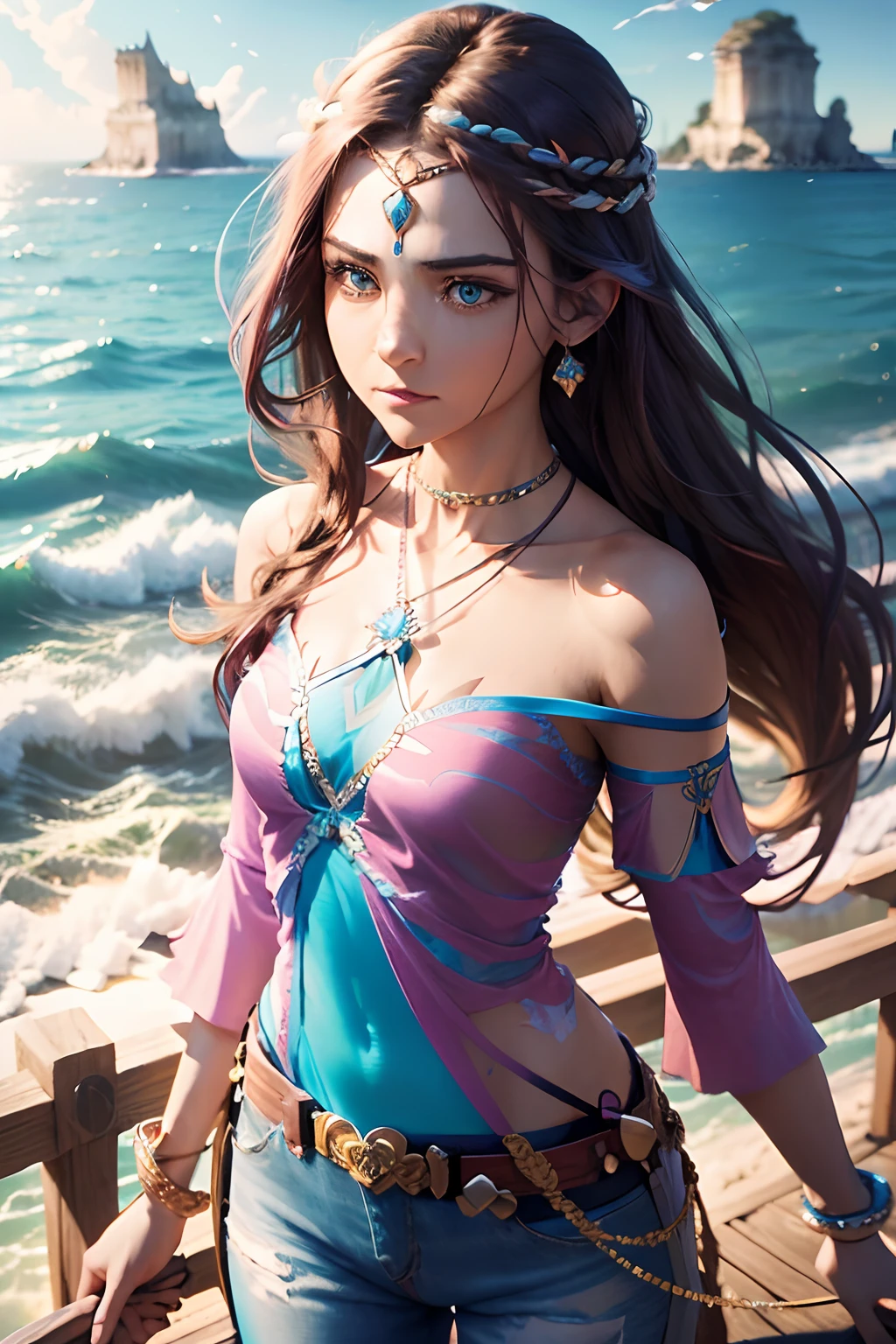 (adventurous woman), (long brown hair), (gem in hair), (blue sword in hand), (chocker necklace with blue sea green pearl amulet), (pink top), (jeans), (blue eyes), (cool bracelets), (medium:2.8)(best quality,4k,8k,highres,masterpiece:1.2), ultra-detailed, (realistic,photorealistic,photo-realistic:1.37), (HDR), (physically-based rendering), (professional), (vivid colors), (portrait), (outdoor lighting), (breath-taking view), (adventurous spirit), (energetic pose), (dynamic composition), (glimmering hair), (exquisite details), (captivating charm), (natural beauty), (sparkling gem), (dazzling sword), (fashionable attire), (stylish accessories), (eye-catching jewelry), (harmonious color palette), (inviting aura), (fearless warrior), (serene backdrop), (picture-perfect setting), (intricate patterns), (lively atmosphere)