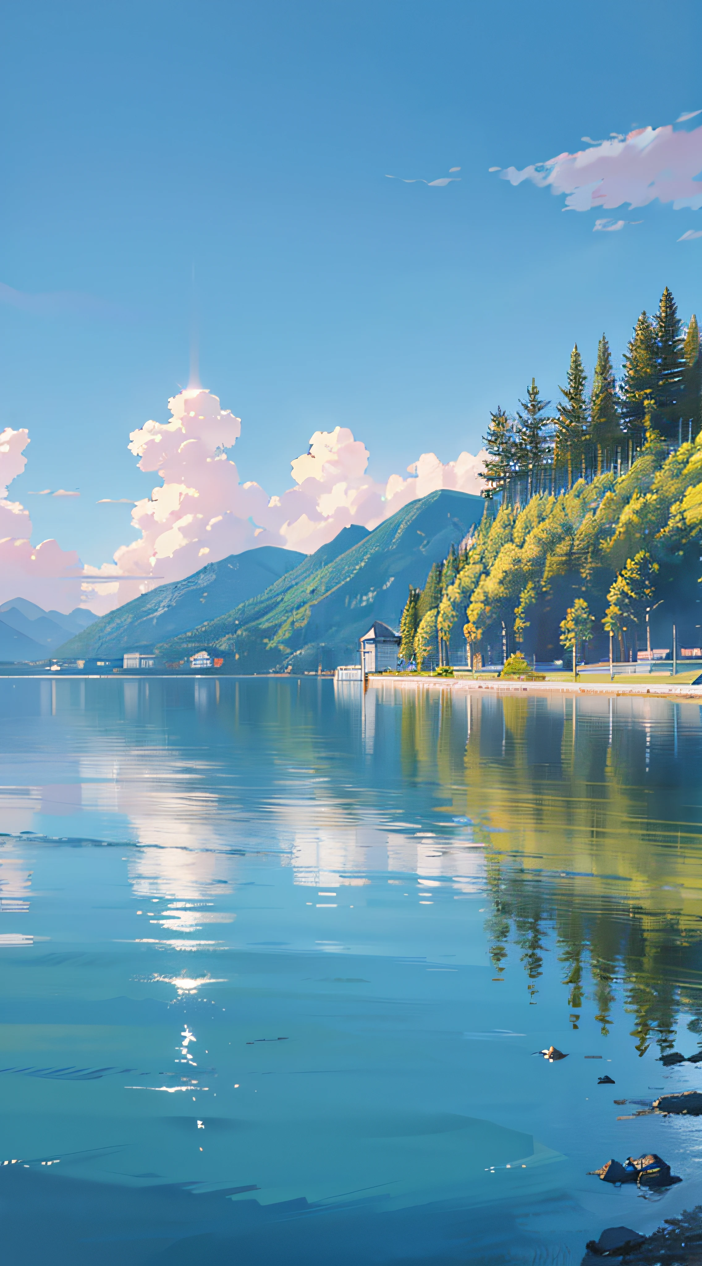 no humans, scenery, vanishing point, from below, masterpiece, best quality, 8k, absurdres, water surface, summer, noon, sunlight, blue sky, perspective, depth of field, highres, finely detail, ultra-detailed, sharp focus