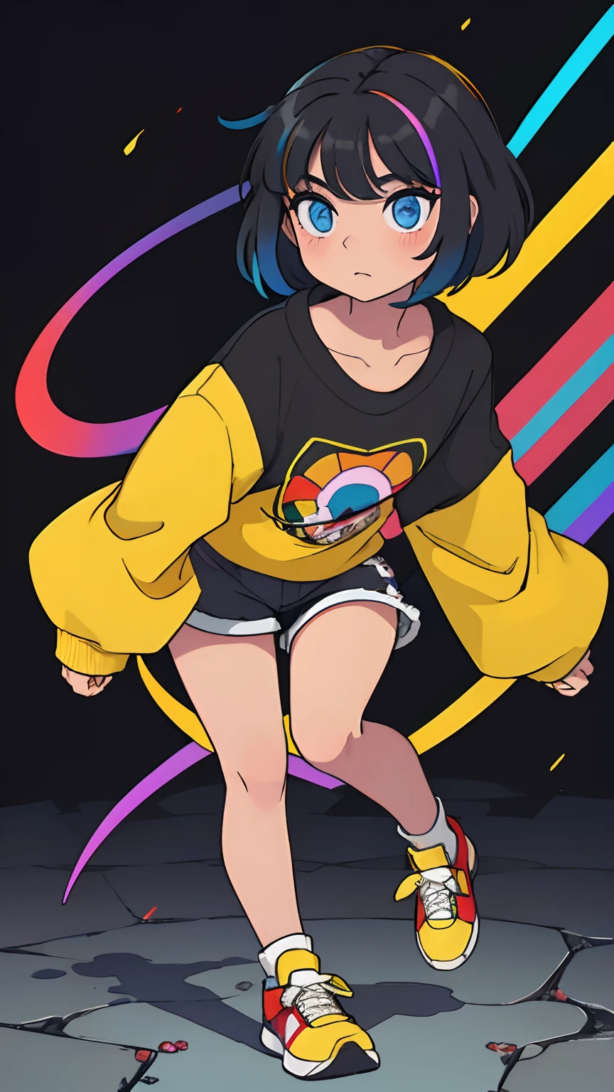 Chica de cabello de color amarillo corto desordenado, revoltoso. You have blue eyes and wear a large black rainbow-colored sweater that reaches above the knees and red sneakers.
