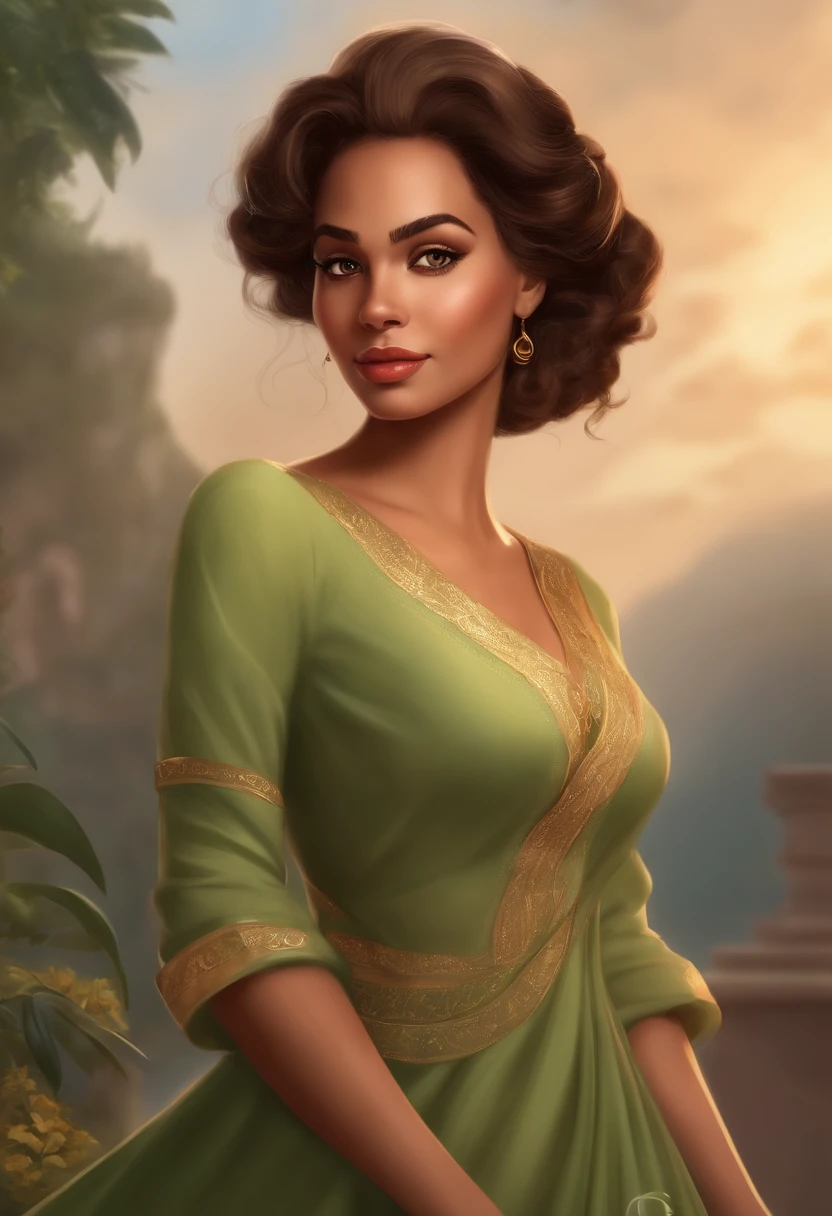 personagem de desenho animado femenino usando um vestido longo, cientista de elite, arte oficial do personagem, official character illustration, maia, vestindo jaleco bege e blusa verde claro, Ela tem pele marrom oliva, arte oficial, arte promocional, foto oficial do produto, Artista Disney, estilo de personagem disney