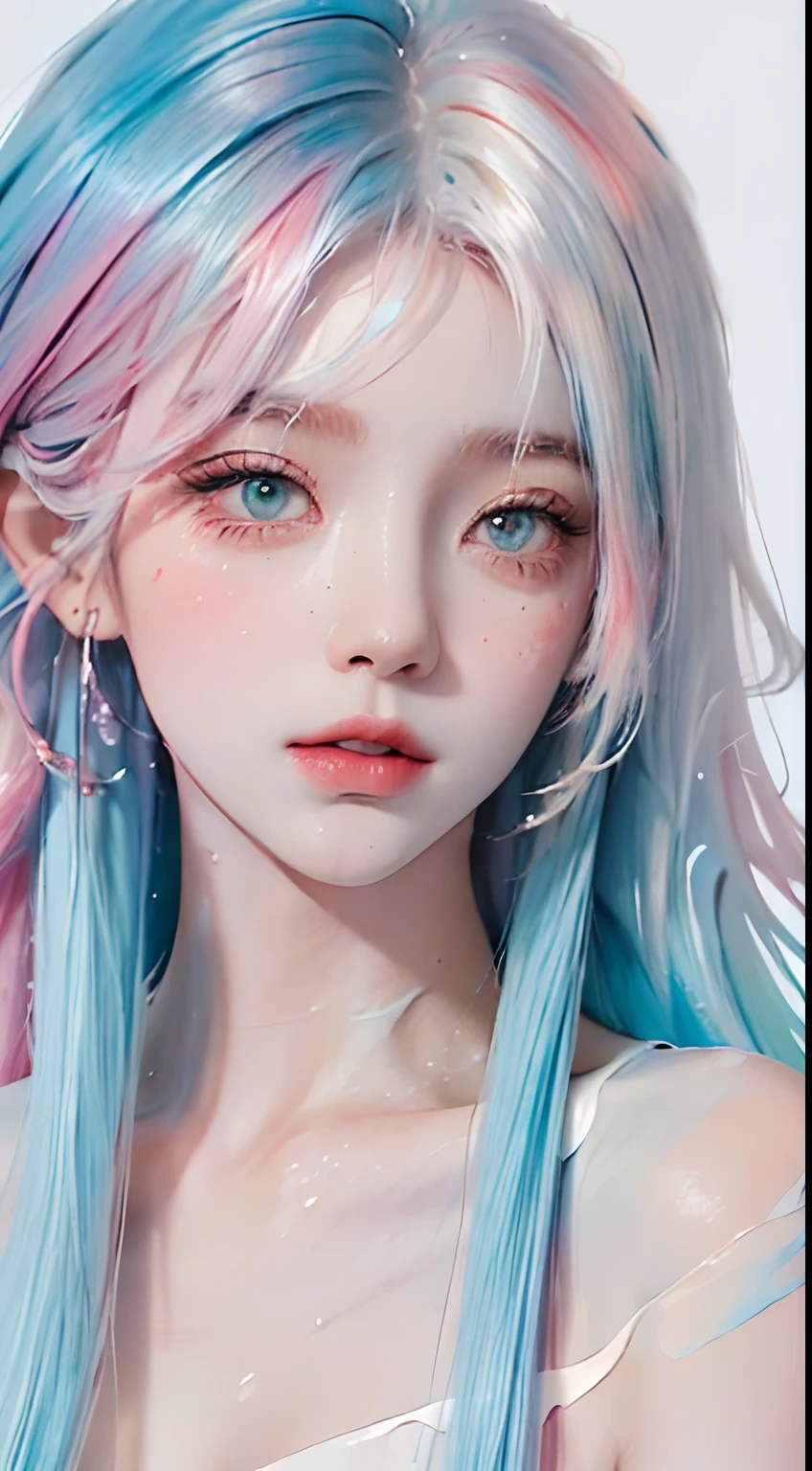 (Masterpiece, Best Quality, High Resolution), White Background, Acrylic Paint, ((Color Splash, Splash of Ink, Color Splash)), Sweet Chinese Girl, Long Light Blue Hair, [Light Blue|Pink] Hair, Curly Hair, Glitter, Peach Lips, White Shirt, Front, Upper Body