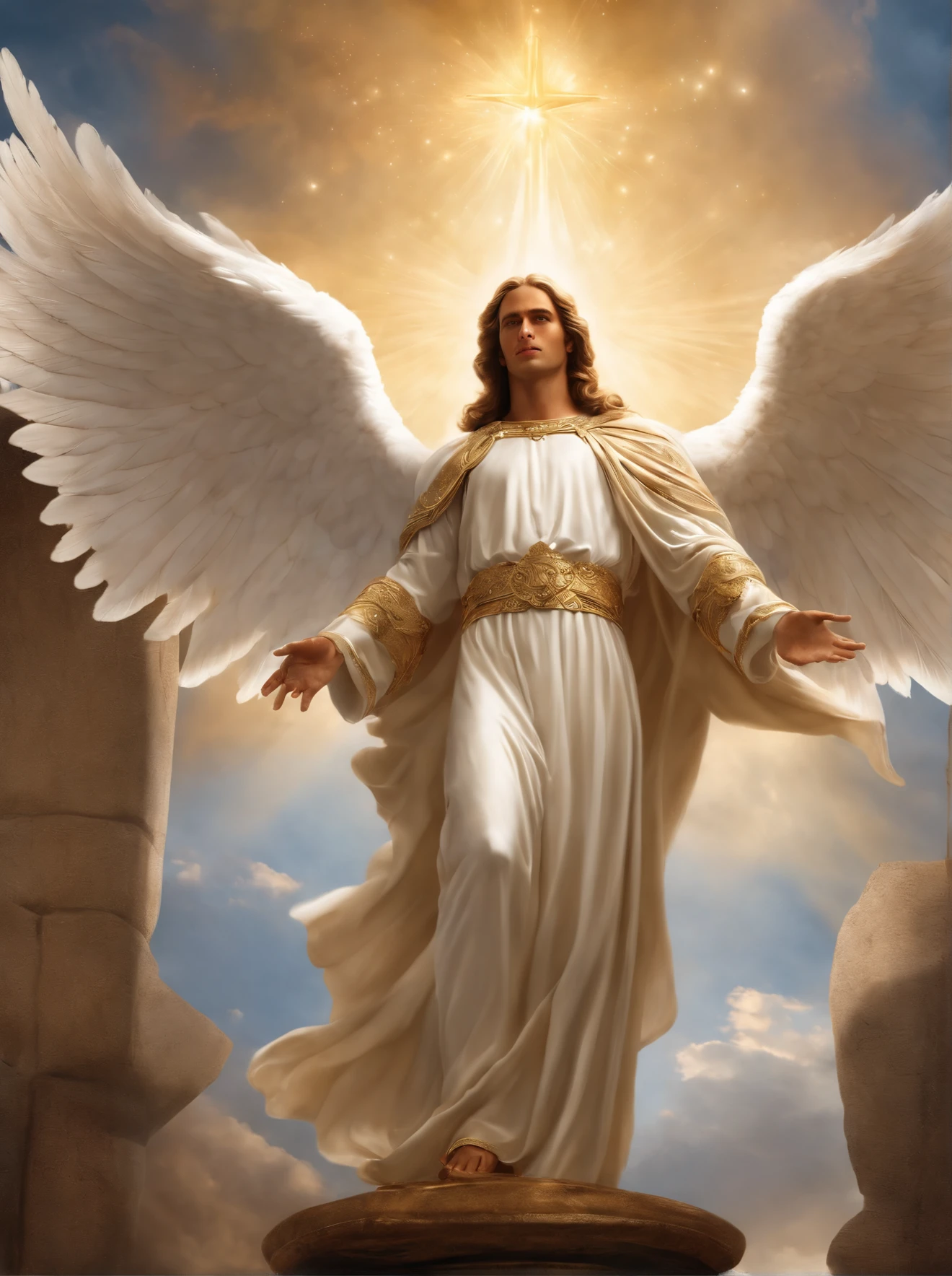 um personagem masculino, o anjo Aroch, imagem do corpo todo do anjo, imagem celestial, detalhes intricados, realista, asas ROSAS e grandes, fundo angelical, Catholic illustrative image of the Angel Aroch, Male character of the Bible, Angel Aroch is wearing his angelic armor, cosmic background, Illumination in the Archangel and in the background, Maximum detail and his angelic face and wings, pele perfeita realista, Maximum image quality, Angel Aroch ele esta destacado na imagem com cores fortes e chamativas.