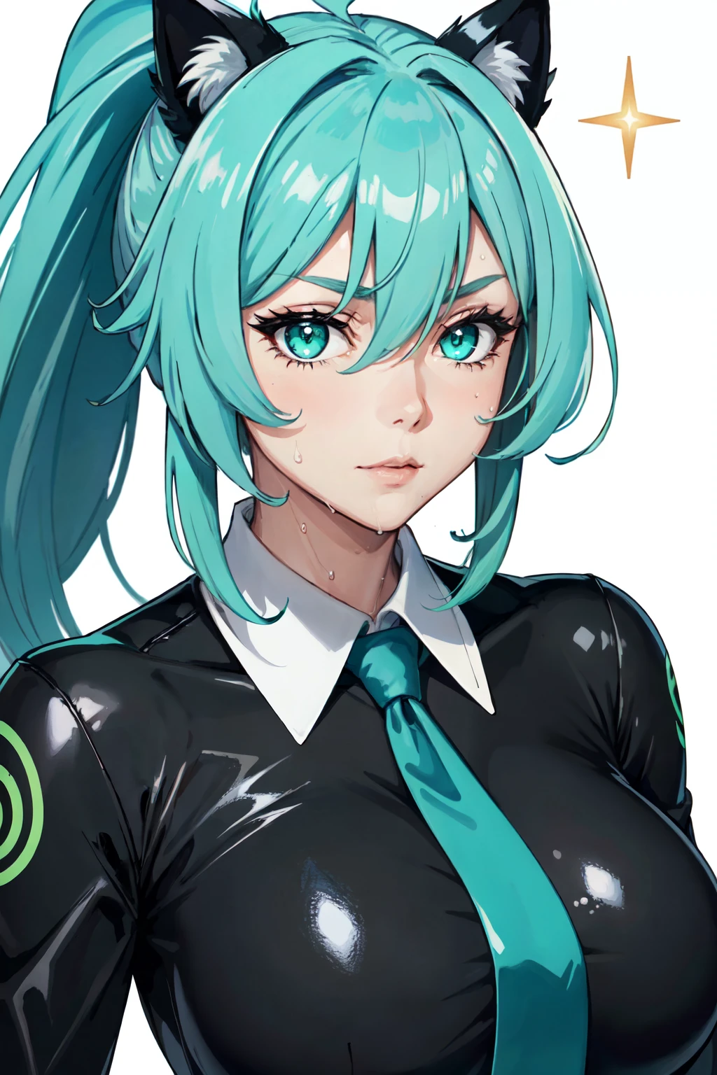 ((((mature adult tall woman, mature_face)))), (glowing green eyes), aqua cat ears, ((narrow waist)), gradient (pink hair), large breasts, large areolae, (oily skin, wet), dark skin, oily skin, sweat, ringed eyes,masterpiece, best quality, (genshin impact), solo, female focus, long hair, simple background, white background, hair between eyes, bangs, closed mouth, ponytail, sparkle, looking at viewer, antenna hair, cropped shoulders, shirt, jacket, portrait, black shirt, necktie, collared shirt, tight latex shiny clothes
