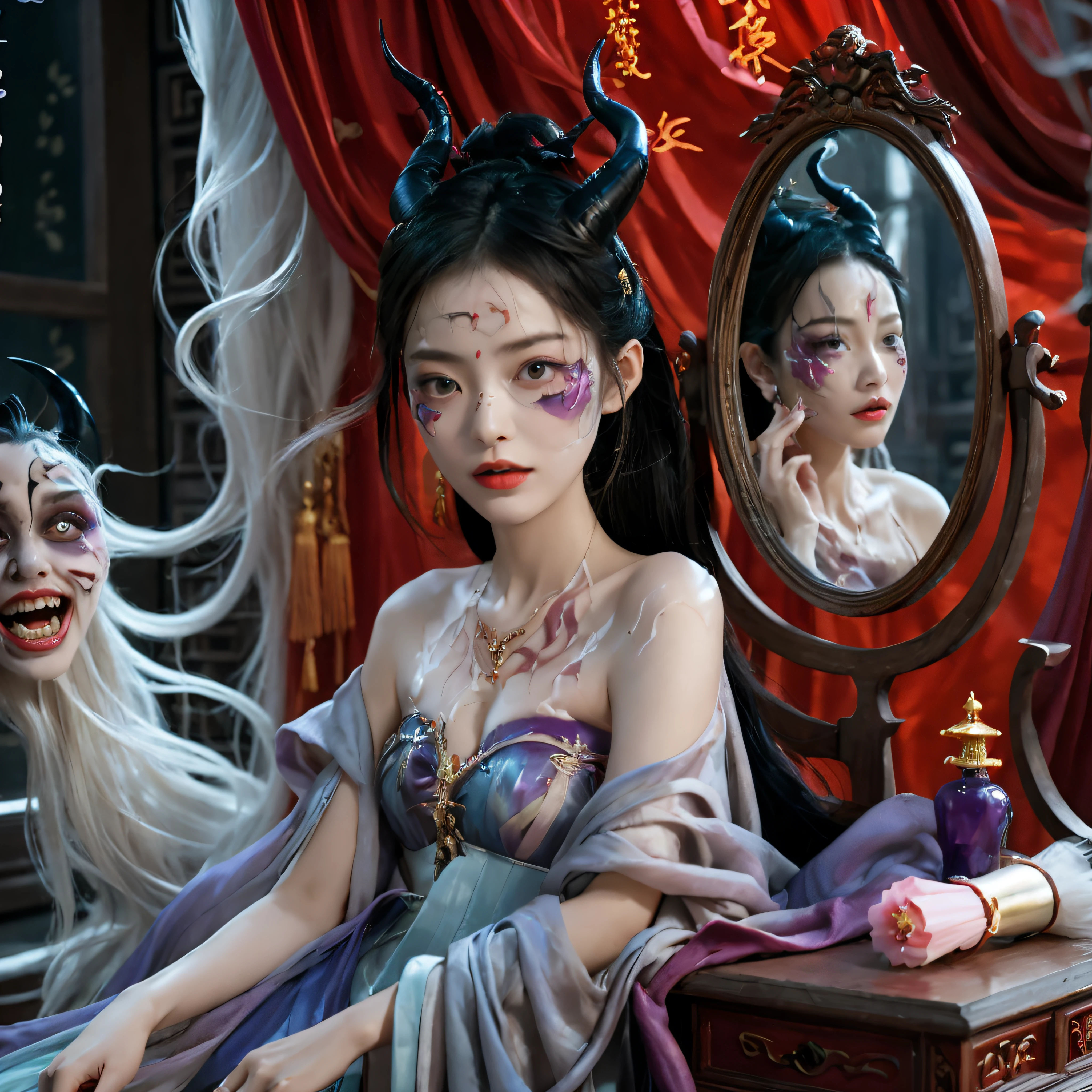 ((masterpiece)),((best quality)),8k,high detailed,ultra-detailed,intricate detail,Film photography,folk art,huapighost,1girl,(full body),(Skin:1.5), (Ghostly transformation:1.2), enveloped in the skin of a Chinese maiden, (Brushing elegance:1.4), (Distorted self:1.3), at a ornate dressing table, meticulously painting a beautiful woman's face, mirror reflecting the ghost's eerie transformation, (Maleficent laughter:1.2), (Tangled in silk drapes:1.3), (Toppling perfume bottles:1.1), a haunting and comical scene, rich purples and ghostly grays, asymmetrical composition, (Mysterious atmosphere:1.2), Maxon Cinema 4D rendering, capturing the ghostly metamorphosis of the skin-wearing ghost.,