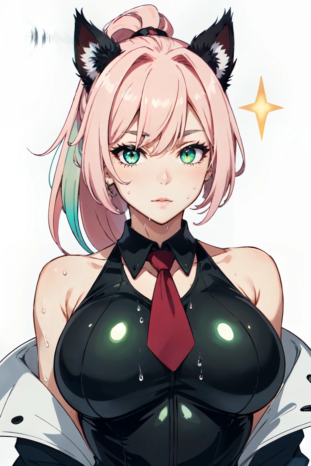 ((((mature adult tall woman, mature_face)))), (glowing green eyes), aqua cat ears, ((narrow waist)), gradient (pink hair), large breasts, large areolae, (oily skin, wet), dark skin, oily skin, sweat, ringed eyes,masterpiece, best quality, (genshin impact), solo, female focus, long hair, simple background, white background, hair between eyes, bangs, closed mouth, ponytail, sparkle, looking at viewer, antenna hair, cropped shoulders, shirt, jacket, portrait, black shirt, necktie, collared shirt, tight latex shiny clothes