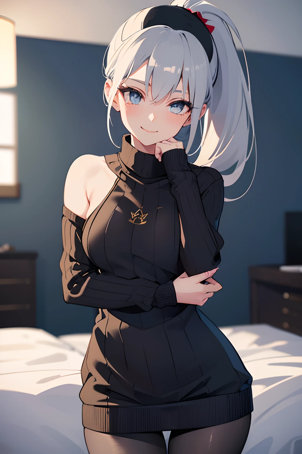 Girl in stockings,(in stockings)German,European,Slavic,Sexy,((Skinny)) sporty figure,((dressed in sweater)), But the stocking is visible,(hairstyle: high ponytail) Looks with love,Smiling,Love,gray hair color,(Skinny Legs)Against the backdrop of a cozy home,