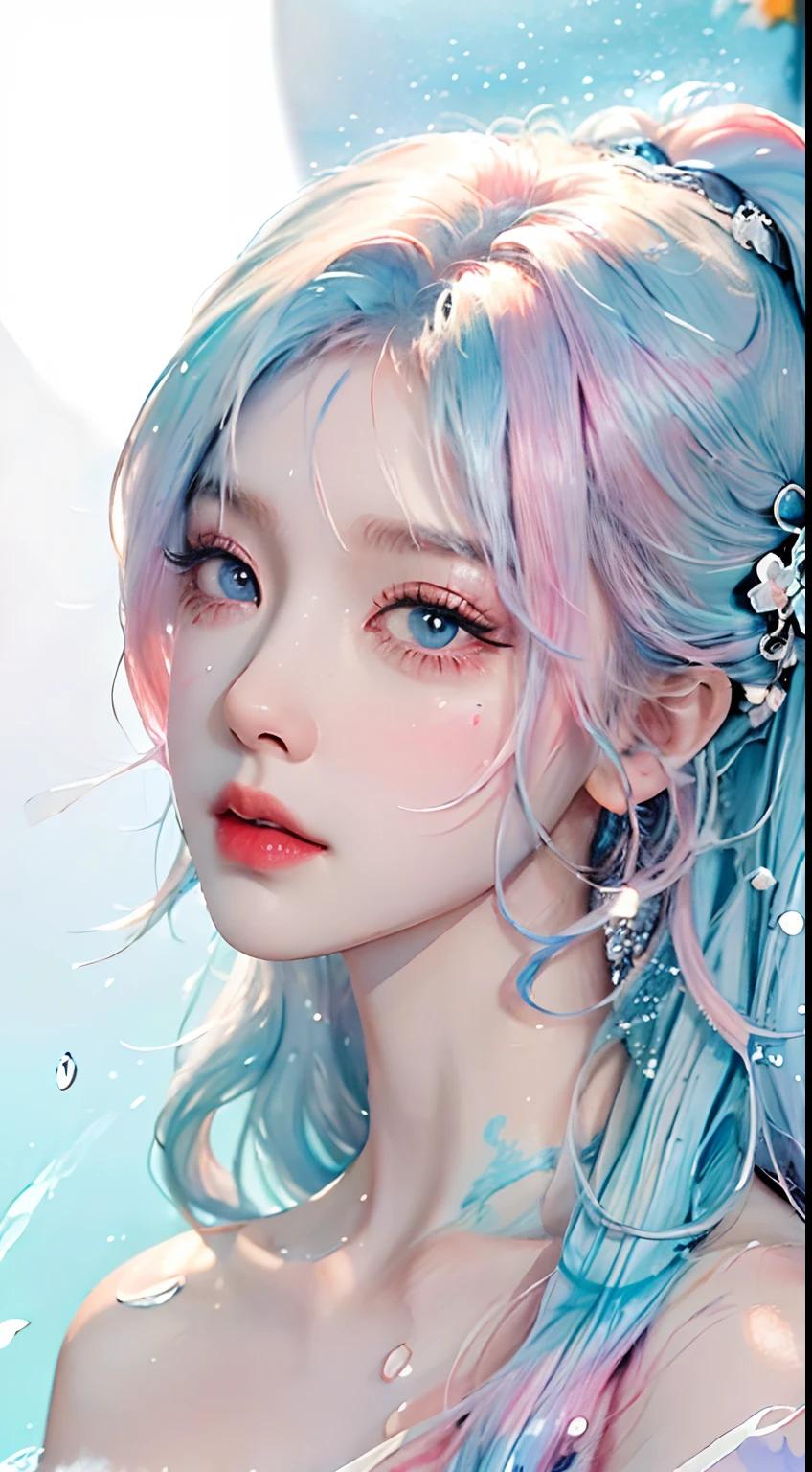 (Masterpiece, Best Quality, High Resolution), White Background, Acrylic Paint, ((Color Splash, Splash of Ink, Color Splash)), Sweet Chinese Girl, Long Light Blue Hair, [Light Blue|Pink] Hair, Curly Hair, Glitter, Peach Lips, White Shirt, Front, Upper Body