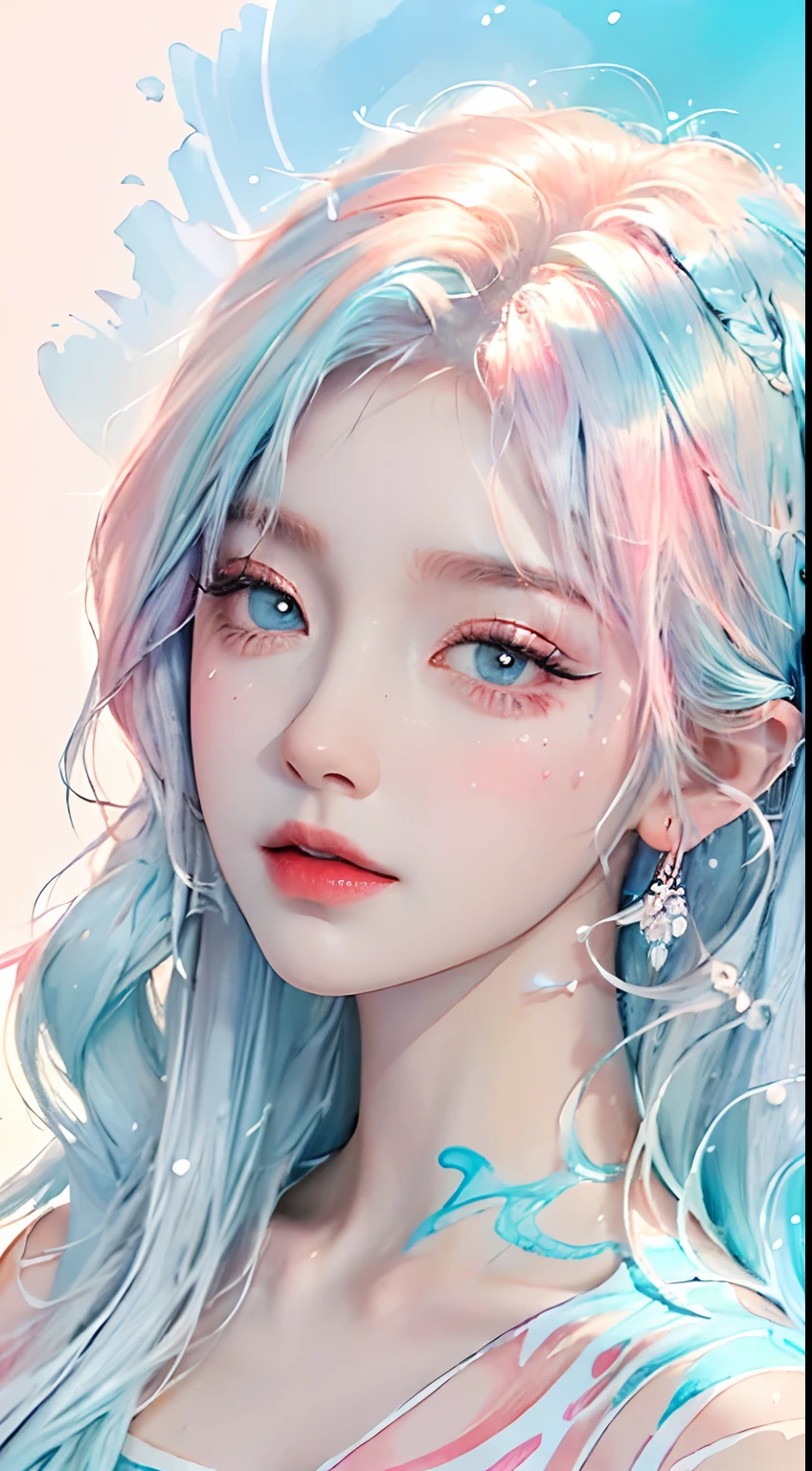 (Masterpiece, Best Quality, High Resolution), White Background, Acrylic Paint, ((Color Splash, Splash of Ink, Color Splash)), Sweet Chinese Girl, Long Light Blue Hair, [Light Blue|Pink] Hair, Curly Hair, Glitter, Peach Lips, White Shirt, Front, Upper Body