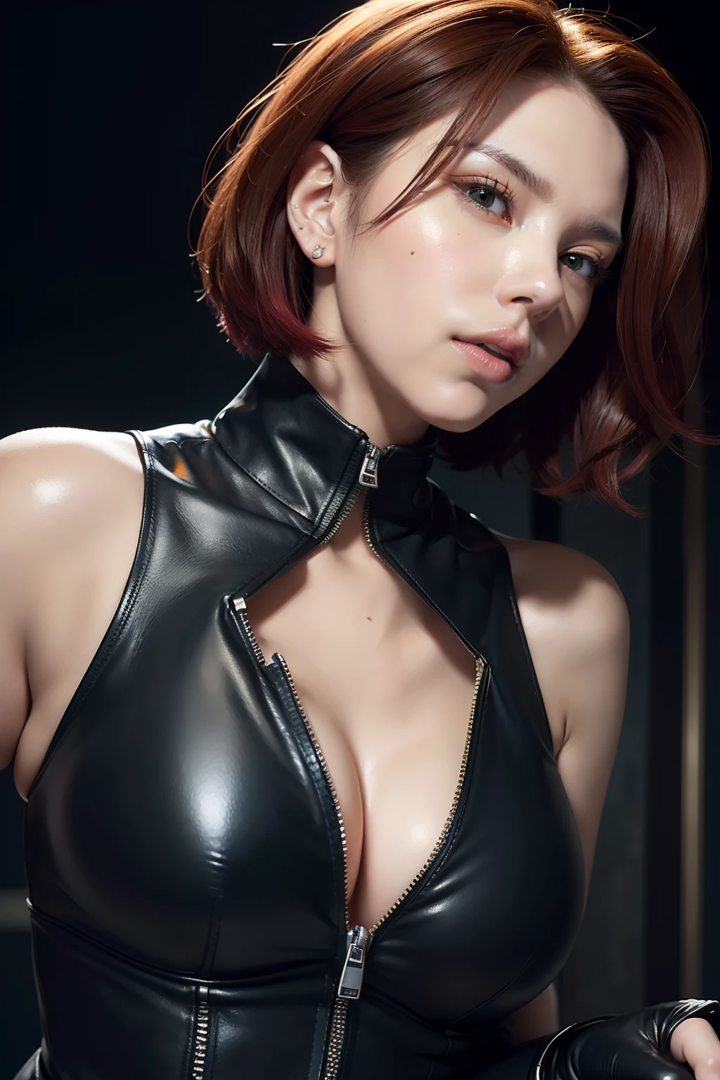 (masterpiece), best quality, expressive eyes, perfect face, perfect hands, large cleavage, long round legs, round ass, seductive girl, imagine Scarlett Johansson as the black widow, the iconic Marvel character known for her lethal skills and stealthy prowess, (her fiery red short hair cascades like a waterfall of crimson, framing her face, while her piercing green eyes gleam with intelligence and a hint of mystery, reflecting her complex character), (Scarlett's sculpted cheekbones and perfectly arched eyebrows contribute to her fierce and determined look), ((fully unzipped black leather suit)), (with lips painted a deep crimson and a confident half-smile, she exudes unyielding resolve), (black widow's gloved hands, equipped with high-tech gadgets and concealed weaponry, underscore her readiness for any mission), ((close-up shot))