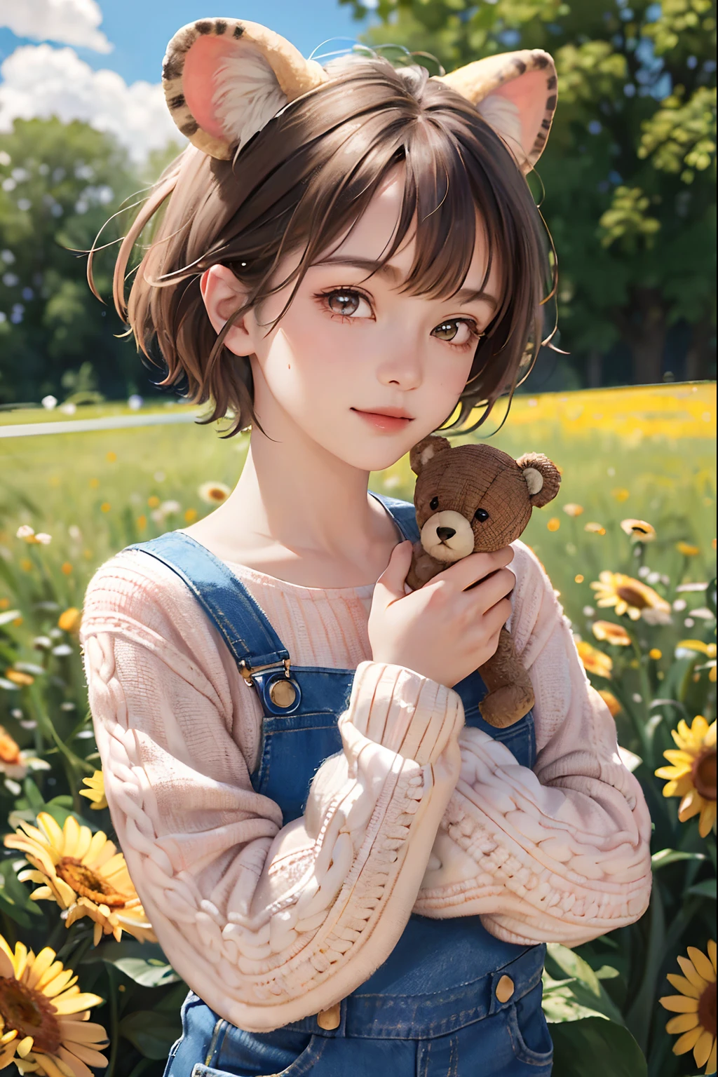 (Masterpiece:1.5, Best quality:1.5), Realistic, (Ultra photo realsisim:1.5), (photograph realistic:1.5), (Real picture, Intricate details), view the viewer, (8K wallpaper:1.5) (From knee to head:1.15), (Detailed face:1.5), (Detailed eyes:1.5), (clear photo),Highly detailed, Ultra-detailed, 超高分辨率, (strong depth of field:1.5)
Style - cute and playful
Positioning—Open field
Background - blue sky and white clouds
Theme - Little girl with pink knitwear and animal ear caps, Holding a teddy bear
View—Front view
Appearance - short hair, Bright eyes, Ruddy cheeks
Clothing - pink knitted sweater, jeans overalls, White sneakers, Animal ear caps
Posture - Stand with a big smile, Hug the teddy bear
Details - wildflowers and tall grass in the background, Butterflies and birds flying around
Effect - warm sunlight shines on the girl, Cast a soft glow
Description - A cute and innocent girl enjoying her time in an empty field, Surrounded by the beauty of nature. She wears a pink knitted sweater, jeans overalls, Wearing animal ear caps when hugging teddy bears. The warm sun shines on her,wildflowers gently swaying in the breeze. Butterflies and birds flew around her, adding to the playful atmosphere.