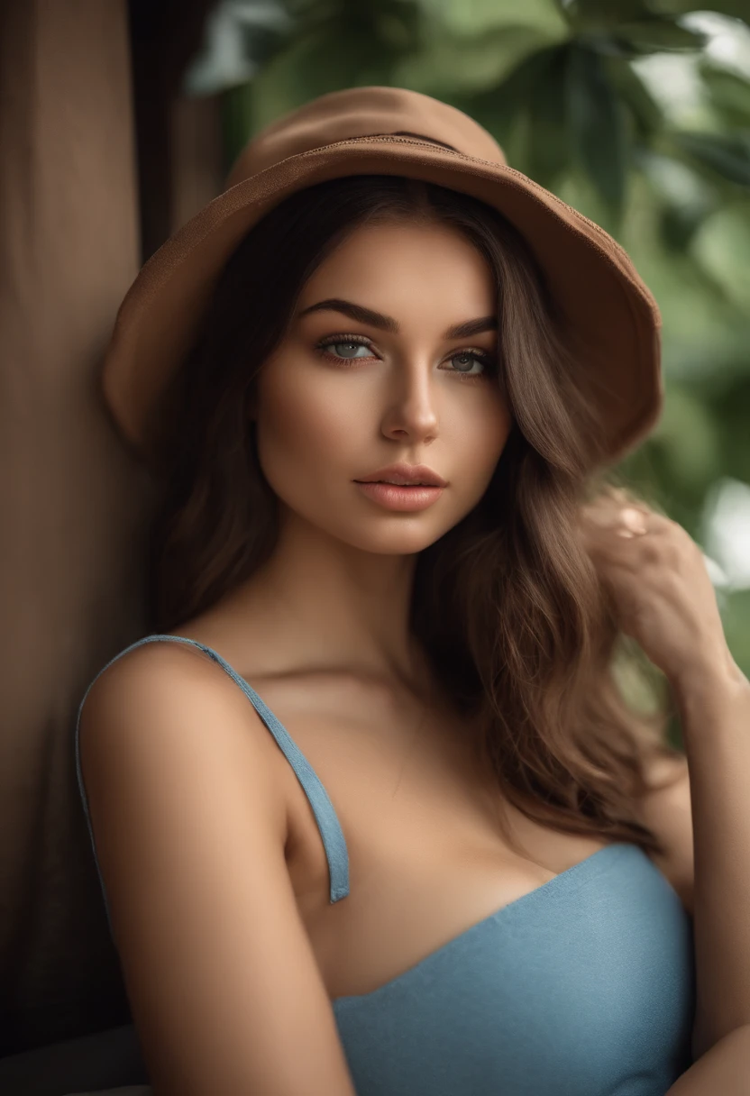 arafed woman with a necklace, large breasts, at the club, sexy girl with green eyes, portrait sophie mudd, brown hair and large eyes, selfie of a young woman, bedroom eyes, violet myers, without makeup, natural makeup, looking directly at the camera, face with artgram, subtle makeup, stunning full body shot, piercing green eyes, beautiful angle, attractive pose, cute girl, sexy pose, full body picture, full body, full body shoot, brunette goddess, high detail, satisfied pose, wearing only a blue bucket hat, average breasts, (beautiful detailed face, beautiful detailed eyes), (naked), glow, sweat, (sunbeam, sunlight), (nsfw:1.5)