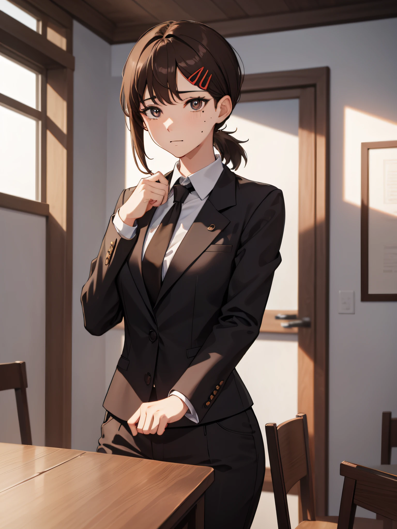 kobenihigashiyama, kobeni higashiyama, black hair, hair ornament, hairclip, mole, mole under eye, ponytail, short hair, (brown eyes:1.5), BREAK black necktie, black pants, business suit, black blazer, formal, long sleeves, necktie, pants, suit, BREAK looking at viewer, BREAK indoors, classroom, sitting on table legs spread, medium breast, medium boobs, cowboy shot BREAK (masterpiece:1.2), best quality, high resolution, unity 8k wallpaper, (illustration:0.8), (beautiful detailed eyes:1.6), extremely detailed face, perfect lighting, extremely detailed CG, (perfect hands, perfect anatomy),