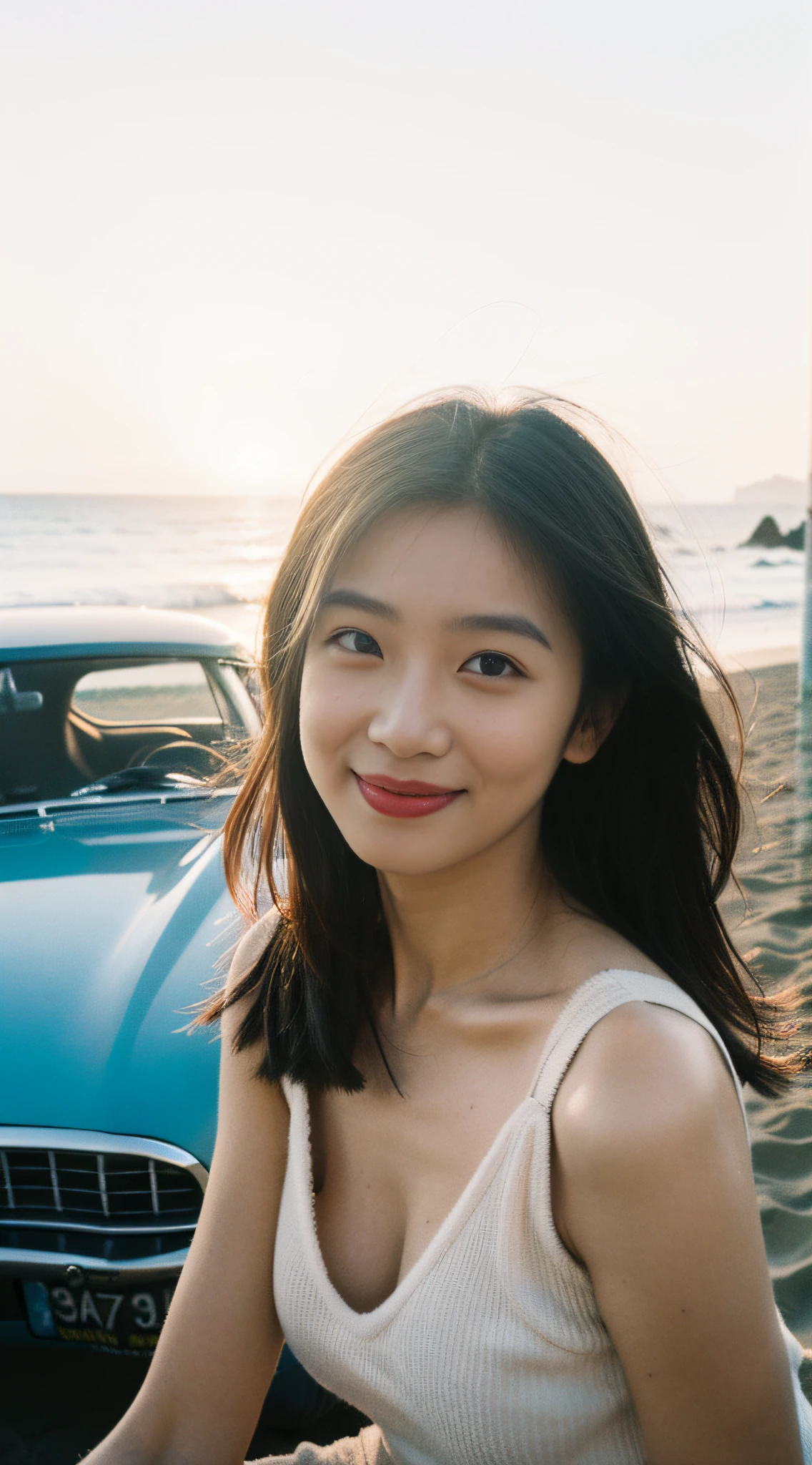Photo of a wonderful girl, Wearing a low-cut top, (((Very heavy chest))), Wavy hair, Sitting on top of a cool classic sports car, Next to the beach, Look into the camera., symmetry eyes, symmetrical face, Photorealistic, photography, Route Tracing, specular lighting, Volumetric Face Light, Path Tracing Hair, Visible shadows, intrikate, elaborate, A hyper-realistic, Looking down from top to bottom , 3 of the whole body/4 , Naturallight ,tmasterpiece,finelydetail ,Various poses, Variety of hair,Beach at sunset,A Smile、He smiled slightly ,Looking straight ahead ,Leaning over the car
