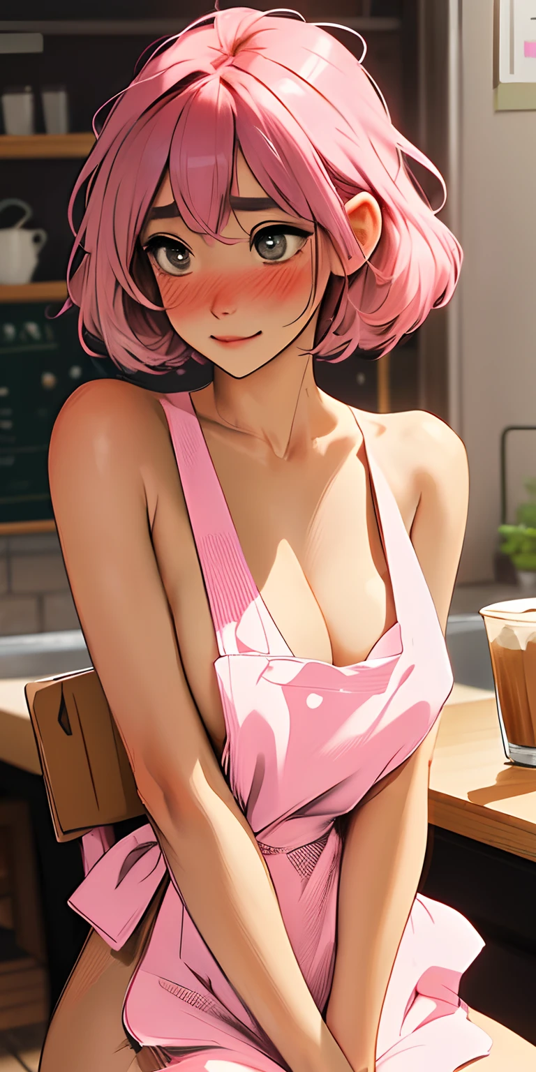 1girl, solo, nakano nino, pink hair, butterfly hair ornament, (naked:1.3), (white apron), large breasts, cleavage, thighs, cafe background, (blushing:1.3)