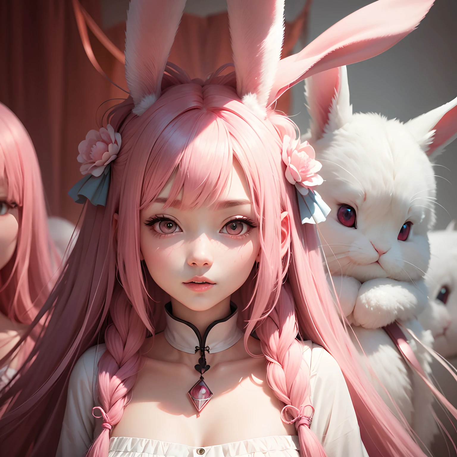 Pure white background、One Woman、A pink-haired、The long-haired、directly in front、Rabbit ears、red eyes、illustratio