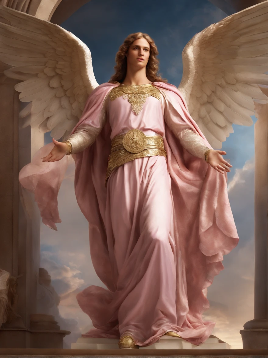 a male character, the angel Aroch, image of the angel's full body, celestial image, hands with 5 well-defined fingers, intricate details, realistic, PINK and large wings, angelic background, Catholic illustrative image of the Angel Aroch, Male character of the Bible, Angel Aroch is wearing his angelic armor, cosmic background, Illumination in the Archangel and in the background, Maximum detail and his angelic face and wings, realistic perfect skin, Maximum image quality, Angel Aroch he is highlighted in the image with strong colors and flashy.