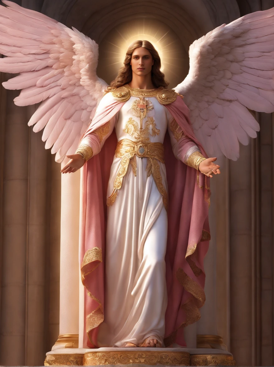 a male character, the angel Aroch, image of the angel's full body, celestial image, hands with 5 well-defined fingers, intricate details, realistic, PINK and large wings, angelic background, Catholic illustrative image of the Angel Aroch, Male character of the Bible, Angel Aroch is wearing his angelic armor, cosmic background, Illumination in the Archangel and in the background, Maximum detail and his angelic face and wings, realistic perfect skin, Maximum image quality, Angel Aroch he is highlighted in the image with strong colors and flashy.