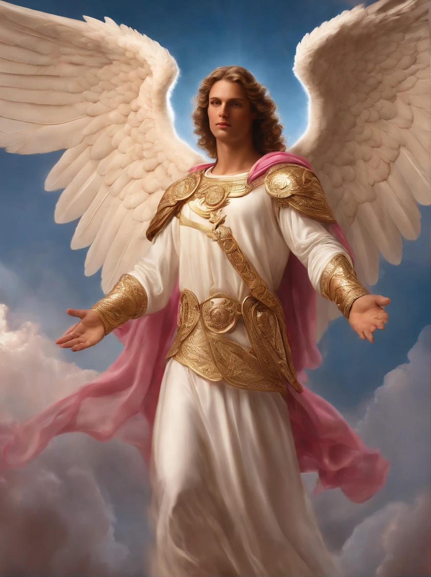 a male character, the angel Aroch, image of the angel's full body, celestial image, hands with 5 well-defined fingers, intricate details, realistic, PINK and large wings, angelic background, Catholic illustrative image of the Angel Aroch, Male character of the Bible, Angel Aroch is wearing his angelic armor, cosmic background, Illumination in the Archangel and in the background, Maximum detail and his angelic face and wings, realistic perfect skin, Maximum image quality, Angel Aroch he is highlighted in the image with strong colors and flashy.