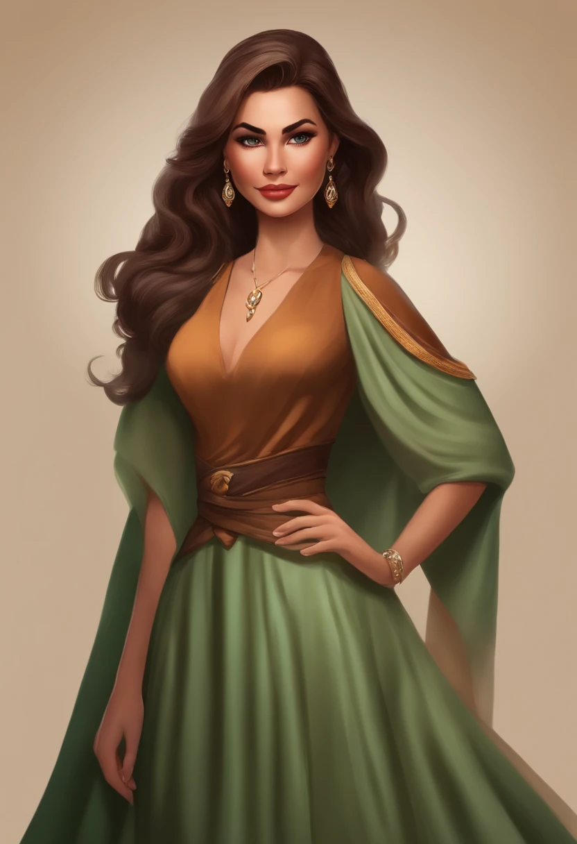 personagem de desenho animado feminino, usando um vestido longo, elegante, charmosa, deslumbrante, realista, cientista de elite, official character illustration, maia, vestindo jaleco bege e blusa verde claro, Ela tem pele marrom oliva, vista frontal, arte oficial, arte promocional,  Artista Disney, estilo de personagem disney