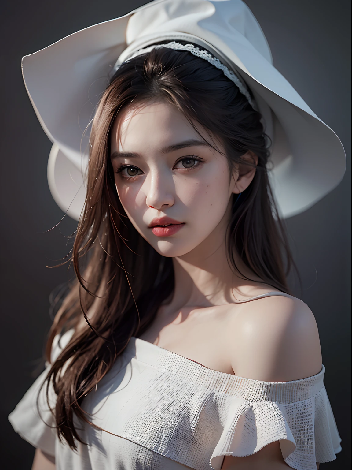 (Front focus),(in the darkness nigth:1.6),Surrealist portraits of women by David Hockney and Alphonse Mucha,Fantasyart,photographrealistic,动态照明,artstation,Volumetriclighting,Very detailed faces,4 k,Award-Awarded, 1girl, in the dark, deep shadow, low key, cowboy shot, (official clothes:1.4), long whitr hair, brunette color hair,looking toward the viewer,White and tender skin