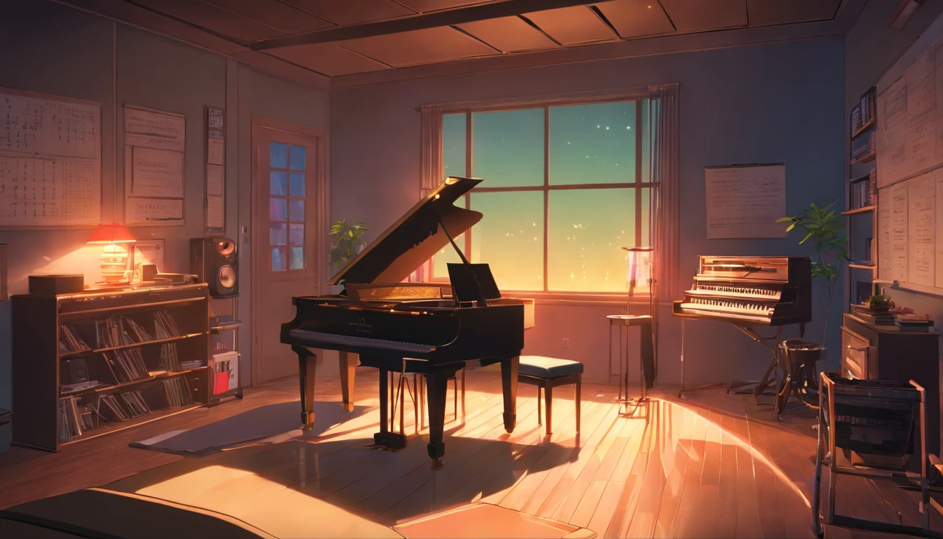 music studio room, dark room, piano, computer, small light, sit, high res, ultrasharp, 8K, masterpiece