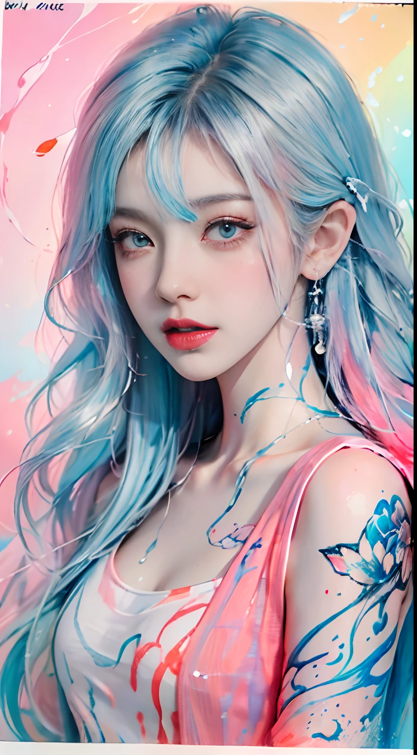 (Masterpiece, Best Quality, High Resolution), White Background, Acrylic Paint, ((Color Splash, Splash of Ink, Color Splash)), Sweet Chinese Girl, Long Light Blue Hair, [Light Blue|Pink] Hair, Curly Hair, Glitter, Peach Lips, White Shirt, Front, Upper Body