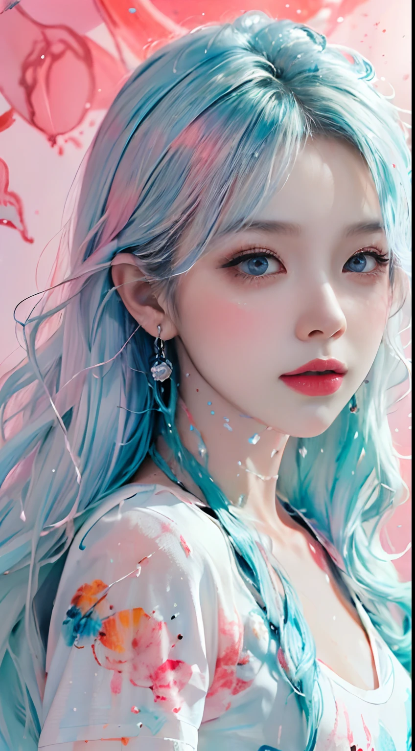 (Masterpiece, Best Quality, High Resolution), White Background, Acrylic Paint, ((Color Splash, Splash of Ink, Color Splash)), Sweet Chinese Girl, Long Light Blue Hair, [Light Blue|Pink] Hair, Curly Hair, Glitter, Peach Lips, White Shirt, Front, Upper Body