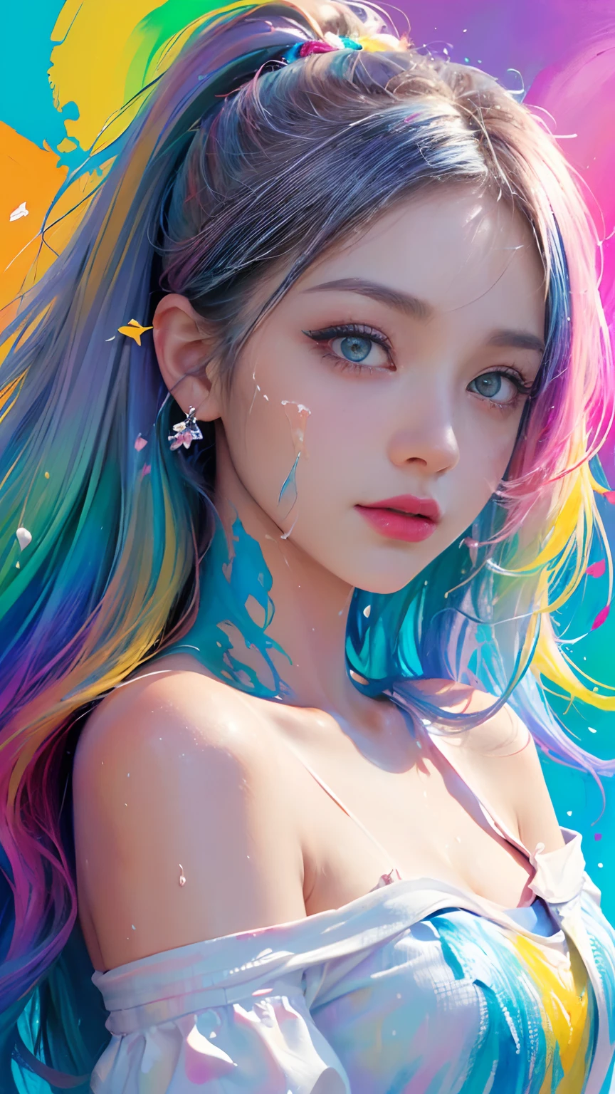 Full body portrait, standing, (colorful fashion ultra-small mini bikini: 1.9), (colorful hair: 1.8), (all colors of the rainbow: 1.8), (vertical: 1.6))), (painting, painting, portrait), cartoon, illustration, painting, large, crystal clear eyes, (rainbow gradient high ponytail: 1.7), exquisite makeup, mouth closed, (small fresh(1.5), (Big: 1.6), long eyelashes, looking at the audience, big watery eyes, (iridescent hair: 1.6), color splash, (solo, :1.8), color splash, color explosion, thick paint style, messy lines, ((sparkling)), (colorful), (colorful), colorful, colorful, chic paint style, (splash) (color splash), vertical painting, upper body, paint splash, acrylic pigment, gradient, paint, best quality, best quality, masterpiece, , solo, , depth of field, face paint, colorful clothing, (elegantly: 1.2), gorgeous,long hair, wind, (elegantly: 1.3), (petals: 1.4), (Masterpiece,)))), (highest quality)))), (( ( Ultra detailed)), ( Illustration), (Dynamic Angle), (((Floating)), (Paint), (disheveled hair)), (Solo,), (1 girl), (Detail anima face))), (((Beautiful Detail Face)), Collared, Bare shoulders, Gray hair, (((Colorful hair)), ((Striped hair)), Beautiful Detailed Eyes, (Gradient Color Eyes), (Colorful Eyes)), ( High saturation)))), (((surrounded by colorful splashes))),