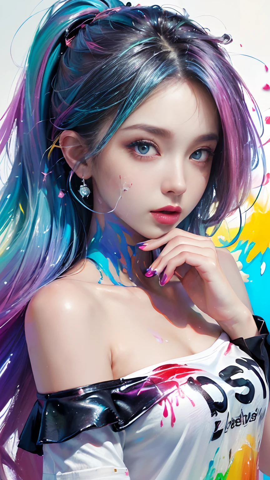 Full body portrait, standing, (colorful fashion ultra-small mini bikini: 1.9), (colorful hair: 1.8), (all colors of the rainbow: 1.8), (vertical: 1.6))), (painting, painting, portrait), cartoon, illustration, painting, large, crystal clear eyes, (rainbow gradient high ponytail: 1.7), exquisite makeup, mouth closed, (small fresh(1.5), (Big: 1.6), long eyelashes, looking at the audience, big watery eyes, (iridescent hair: 1.6), color splash, (solo, :1.8), color splash, color explosion, thick paint style, messy lines, ((sparkling)), (colorful), (colorful), colorful, colorful, chic paint style, (splash) (color splash), vertical painting ,, Paint splash, acrylic pigment, gradient, paint, best quality, best quality, masterpiece, , solo, , depth of field, face paint, colorful clothing, (elegantly: 1.2), gorgeous,long hair, wind, (elegantly: 1.3), (petals: 1.4), (Masterpiece,))))), (Best Quality))), (Ultra detailed))), (Illustration), (Dynamic Angle), ((Floating)), (Paint), (((disheveled hair)), (Solo,), (1 girl), (Detail anima face)))), (Beautiful Detail Face)), Collared, Bare shoulders, White hair, (((Colorful hair)), ((Striped hair)), Beautiful detailed eyes, (Gradient colored eyes), (Colorful eyes)))), ((High Saturation))))) , (((surrounded by colorful splashes))),