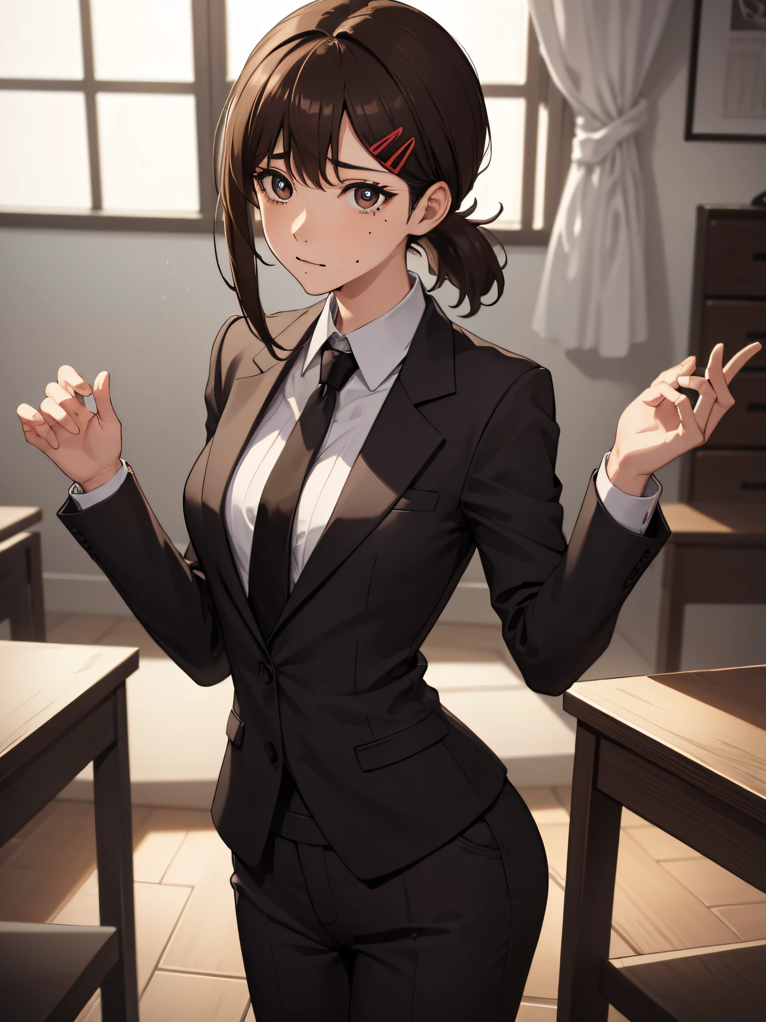 kobenihigashiyama, kobeni higashiyama, black hair, hair ornament, hairclip, mole, mole under eye, ponytail, short hair, (brown eyes:1.5), BREAK black necktie, black pants, business suit, black blazer, formal, long sleeves, necktie, pants, suit, BREAK looking at viewer, BREAK indoors, classroom, sitting on table legs spread, medium breast, medium boobs, shot from ass, ass shot, ass focus, medium ass cowboy shot BREAK (masterpiece:1.2), best quality, high resolution, unity 8k wallpaper, (illustration:0.8), (beautiful detailed eyes:1.6), extremely detailed face, perfect lighting, extremely detailed CG, (perfect hands, perfect anatomy),