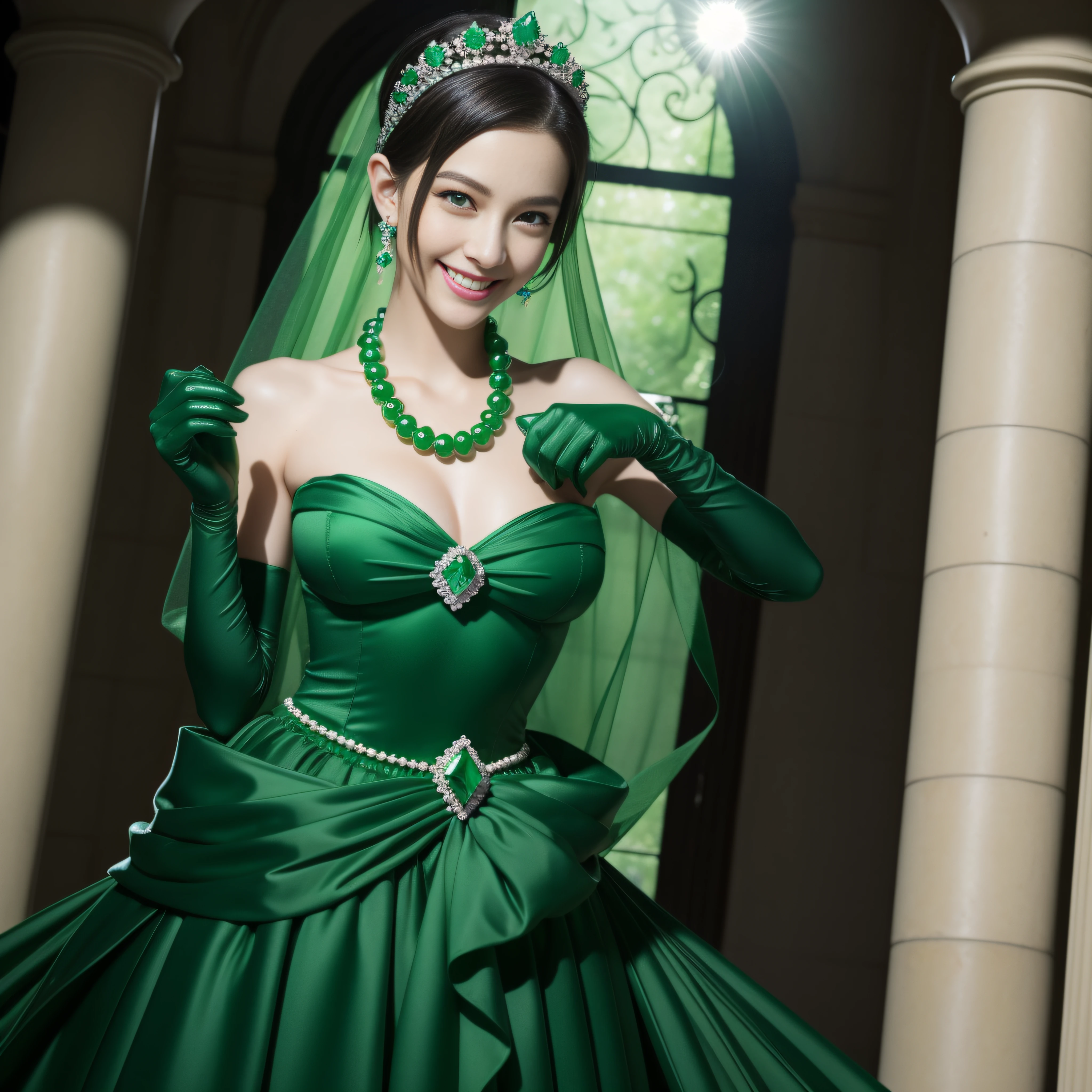 emerald tiara, Green Pearl Necklace, Boyish very short black hair, lipsticks, Japan woman smiling, very short short hair, big breasts beautiful, Green eyes, Long green gloves made of satin material, Green eyes, Emerald Earrings