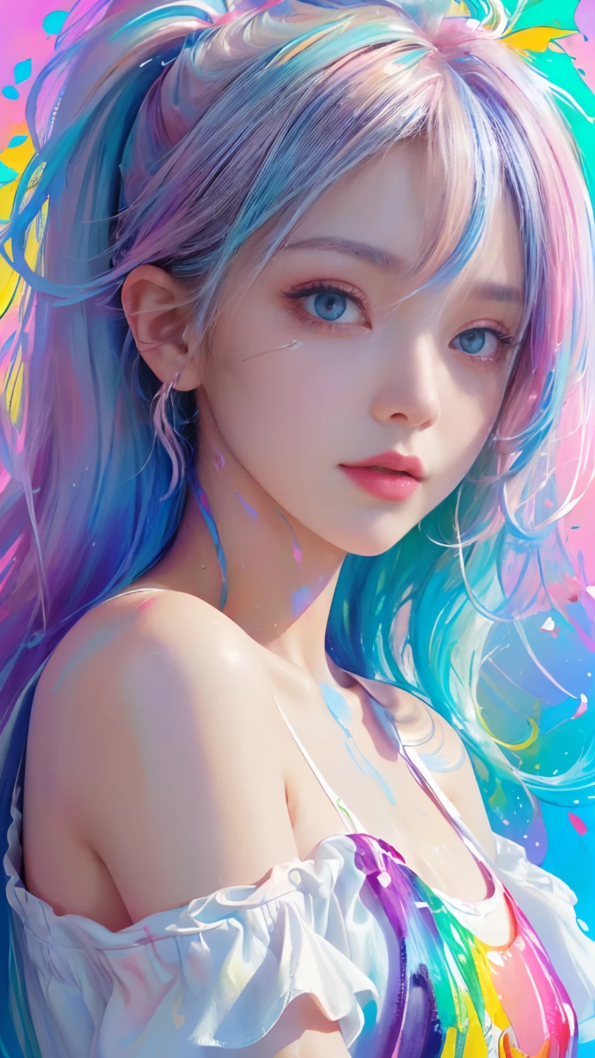 （Pink Fashion T-shirt：1.9），(Colorful hair: 1.8), (all the colours of the rainbow: 1.8),(((((vertical painting：1.6))), （painting：1.6），front, comics, illustrations, paintings, large eyes, crystal clear eyes,（ rainbow color gradient high ponytail：1.7）, exquisite makeup, closed mouth,(Small Fresh: 1.5),(Wipe Chest: 1.6) ，long eyelashes, white off shoulder T-shirt,  White Shoulder Shirt，looking at the audience, large watery eyes, (rainbow colored hair：1.6), color splash, （solo：1.8）, color splash, color explosion, thick paint style, messy lines, ((shining))，(colorful), (colorful), (colorful), colorful, Thick Paint Style, (Splash) (Color Splash), Vertical Painting, Upper Body, Paint Splash, Acrylic Pigment, Gradient, Paint, Highest Image Quality, Highest Quality, Masterpiece, Solo, Depth of Field, Face Paint,  colorful clothes, (Elegant: 1.2), gorgeous,long hair, wind, (Elegant: 1.3), (Petals: 1.4)，(((masterpiece))),(((best quality))),((ultra-detailed)),(illustration),(dynamic angle),((floating)),(paint),((disheveled hair)),(solo),(1girl) , (((detailed anima face))),((beautiful detailed face)),collar,bare shoulders,white hair, ((colorful hair)),((streaked hair)),beautiful detailed eyes,(Gradient color eyes),(((colorful eyes))),(((colorful background))),(((high saturation))),(((surrounded by colorful splashes))),