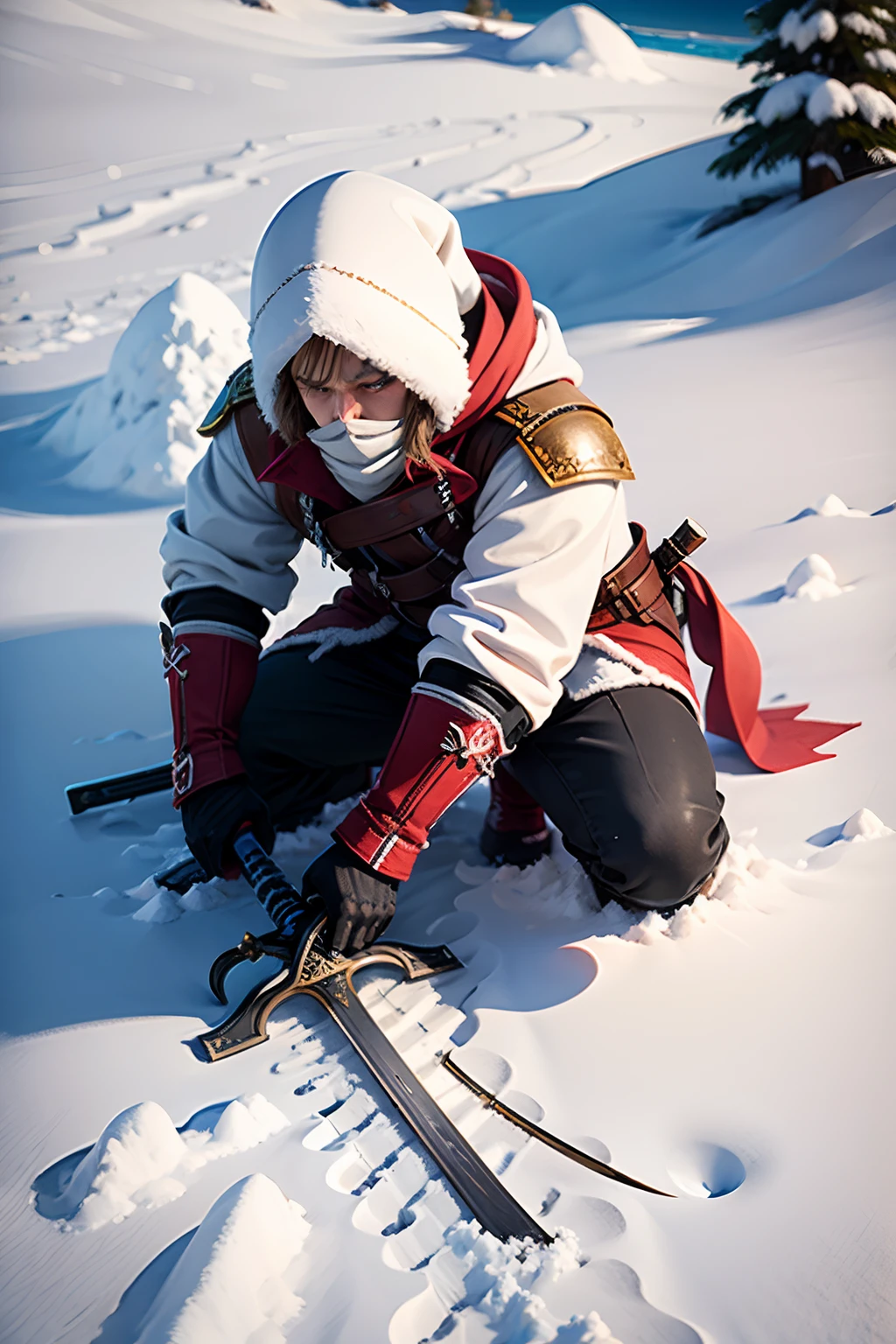 A snow drift with swords stuck in the snow, in the shape of an X.