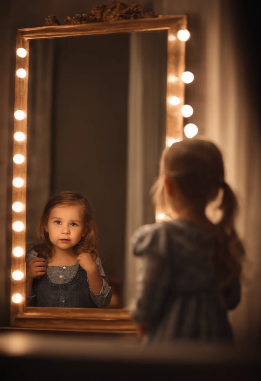 little girl looking in the mirror and seeing herself older