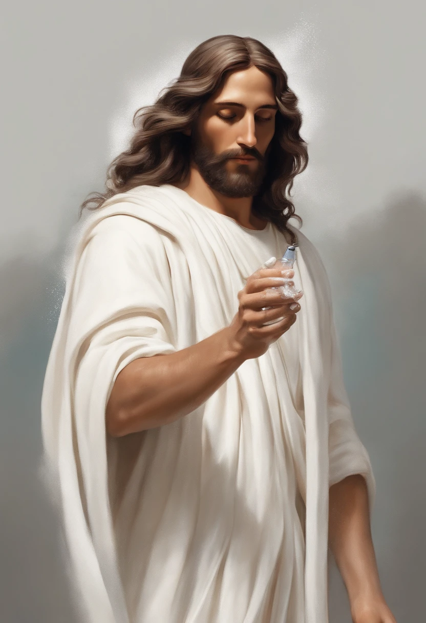 /imagine prompt: Illustration of Jesus with a spray in hand with a white background, em negrito estilo de contorno, bordas irregulares, sombreamento claro --v 5.2